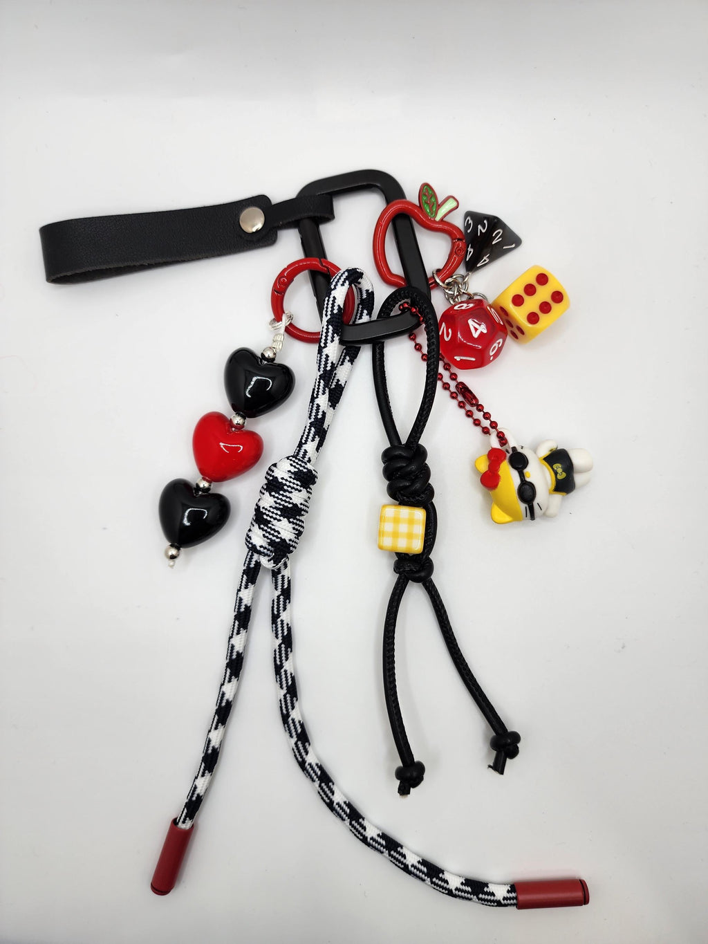 Black & Red Heart Keychain with Dice and Apple Charm | Gamer Gift | Bag Charm