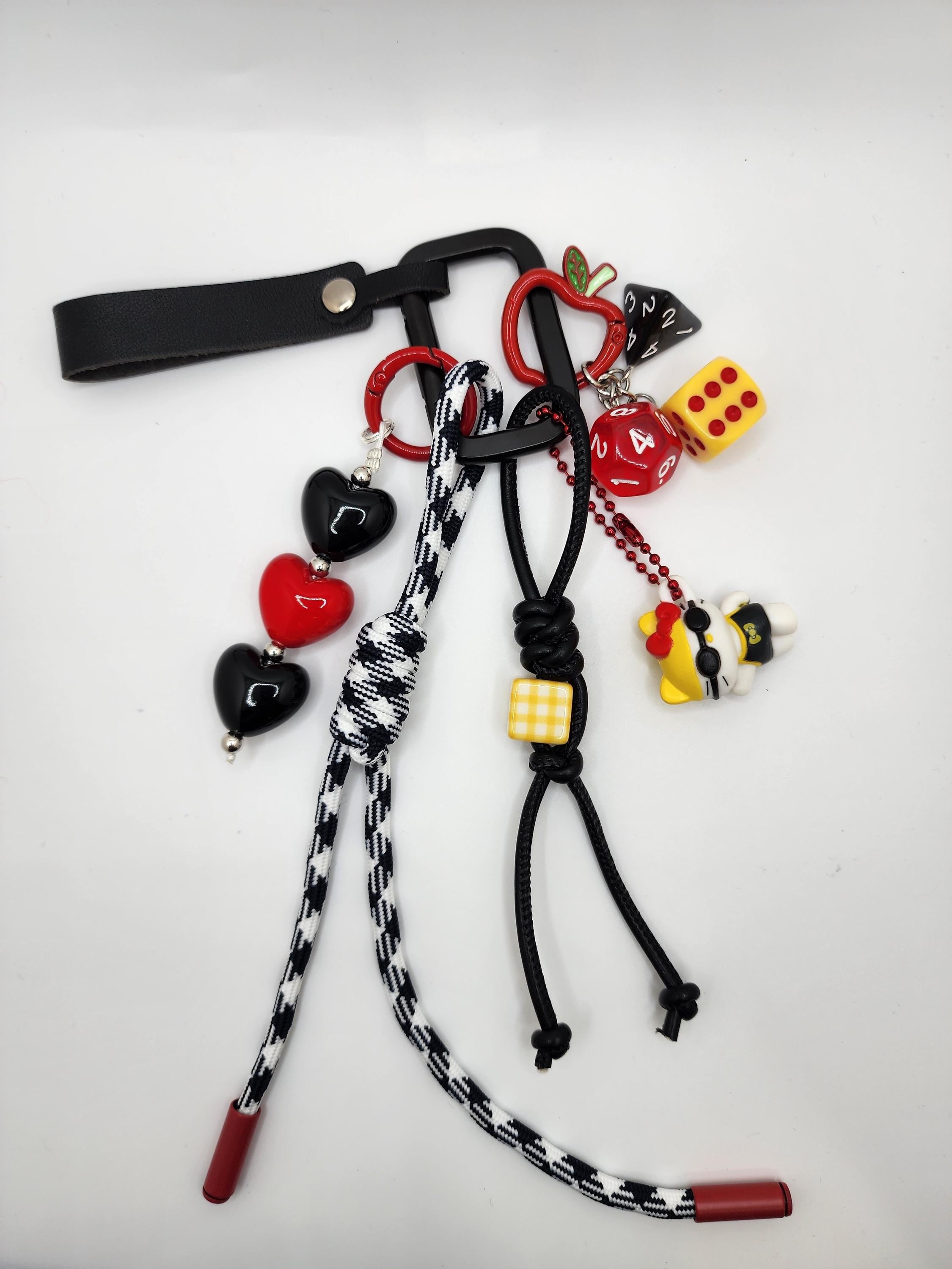 Black & Red Heart Keychain with Dice and Apple Charm | Gamer Gift | Bag Charm