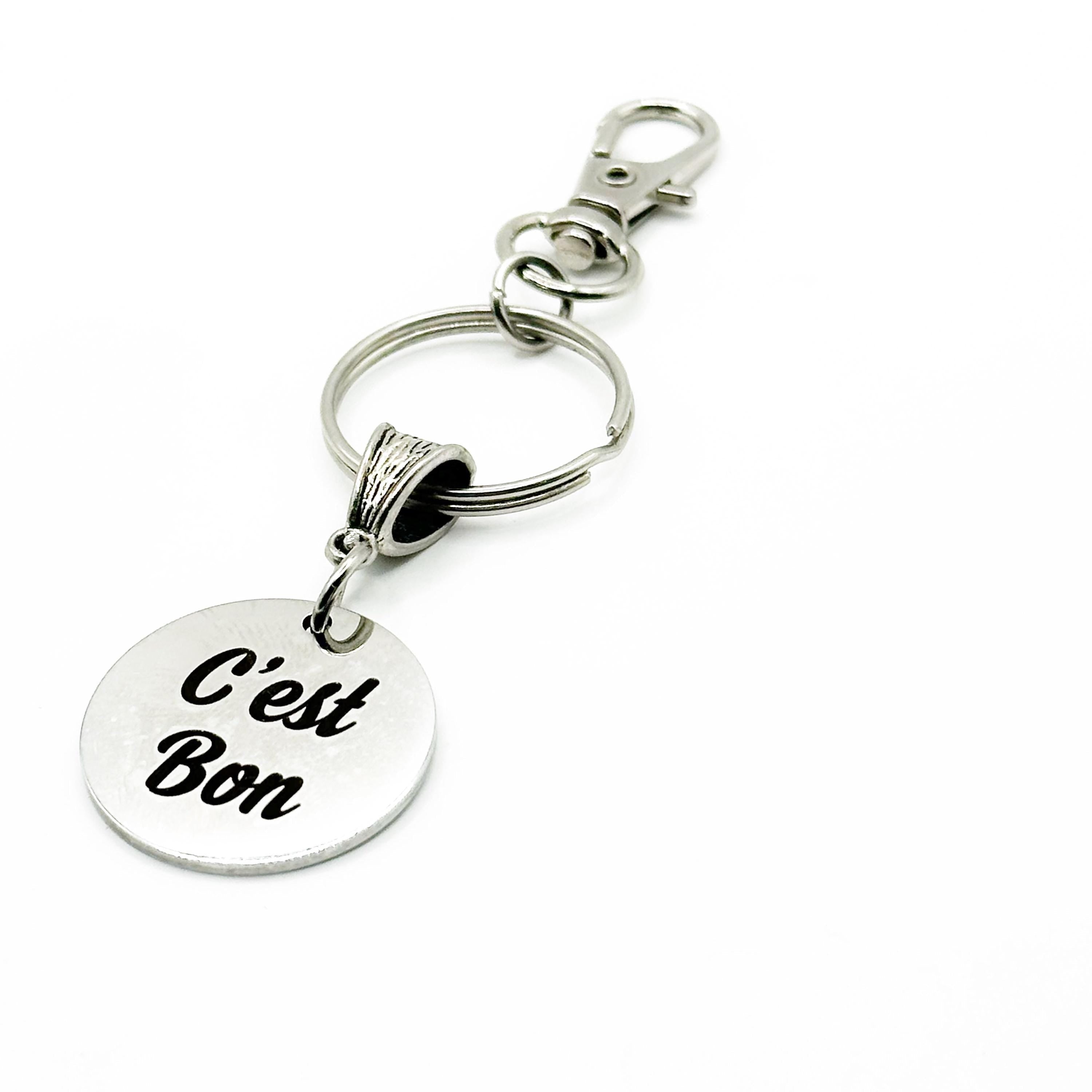 Cest Bon French Quote Keychain Stainless Steel Engraved Charm Minimalist Happy Gift Bag Purse Key Accessory