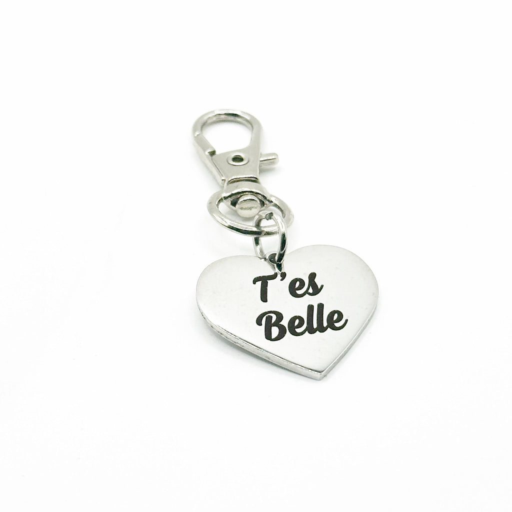 T'es Belle Clip On Charm Stainless Steel Heart Engraved Love Charm Gift For Her Bag Zipper Planner Purse Charm