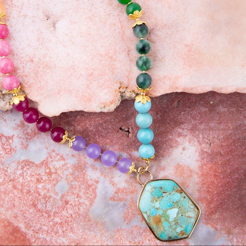 Kaleidoscope Multistone Blue Turquoise Pendant Golden Necklace