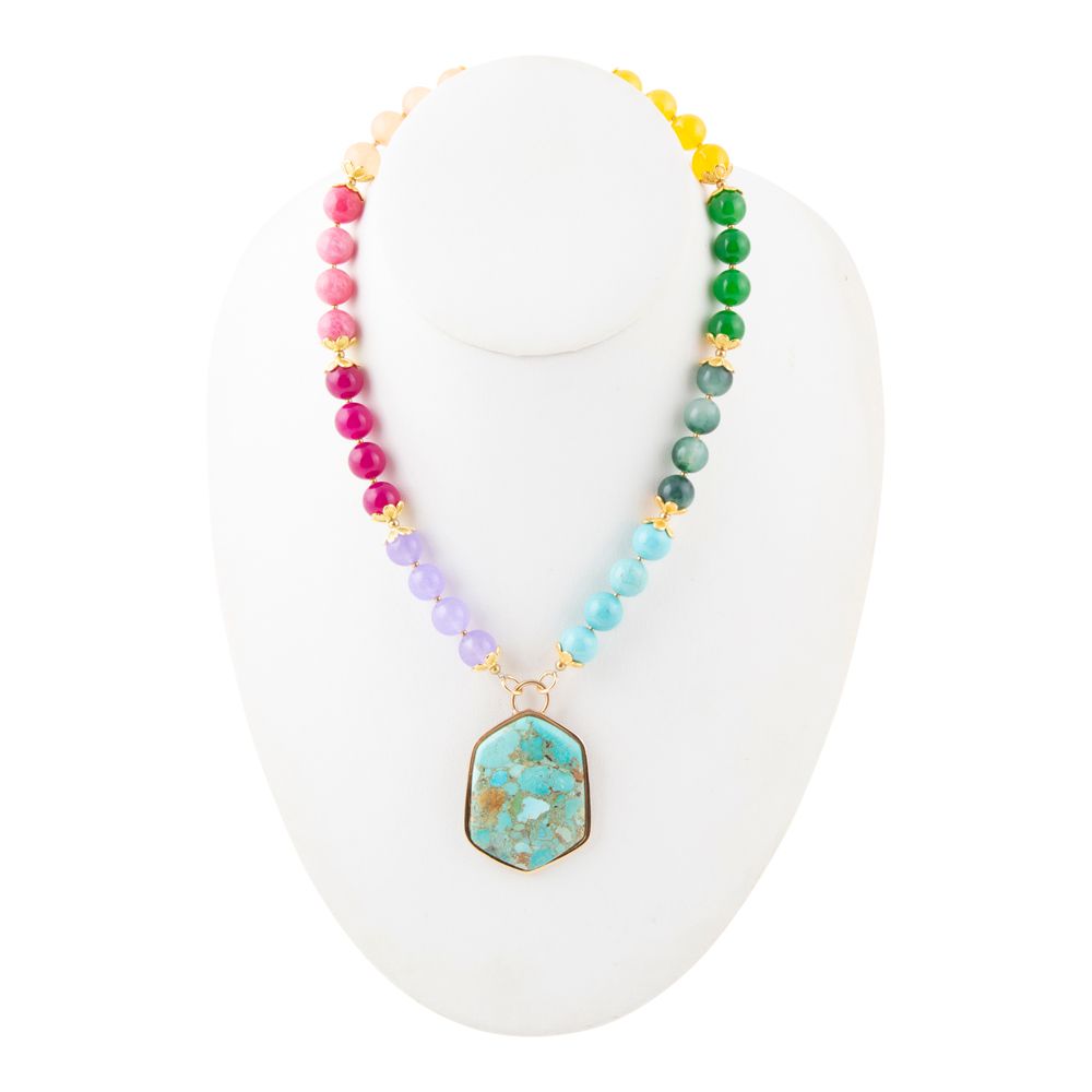 Kaleidoscope Multistone Blue Turquoise Pendant Golden Necklace