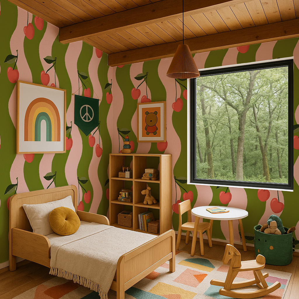 Wavy Cherry Wallpaper, pink and green