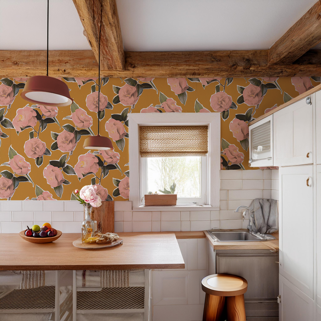 Camellia Wallpaper, mustard and coral