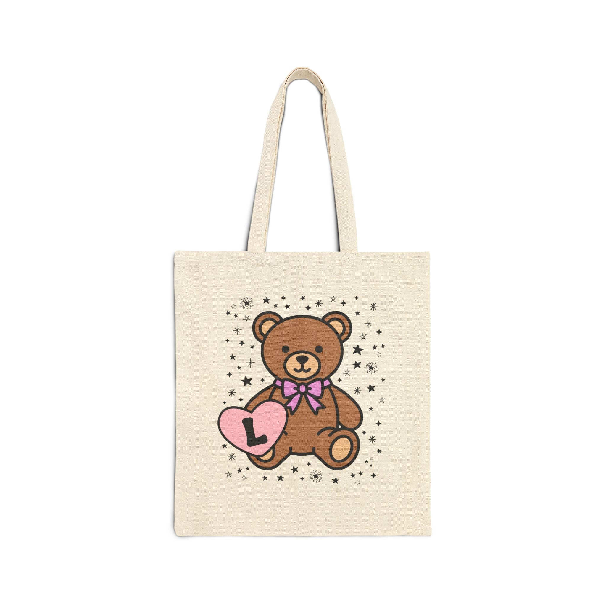 L: Bear Holding a Heart Tote Bag with Initial