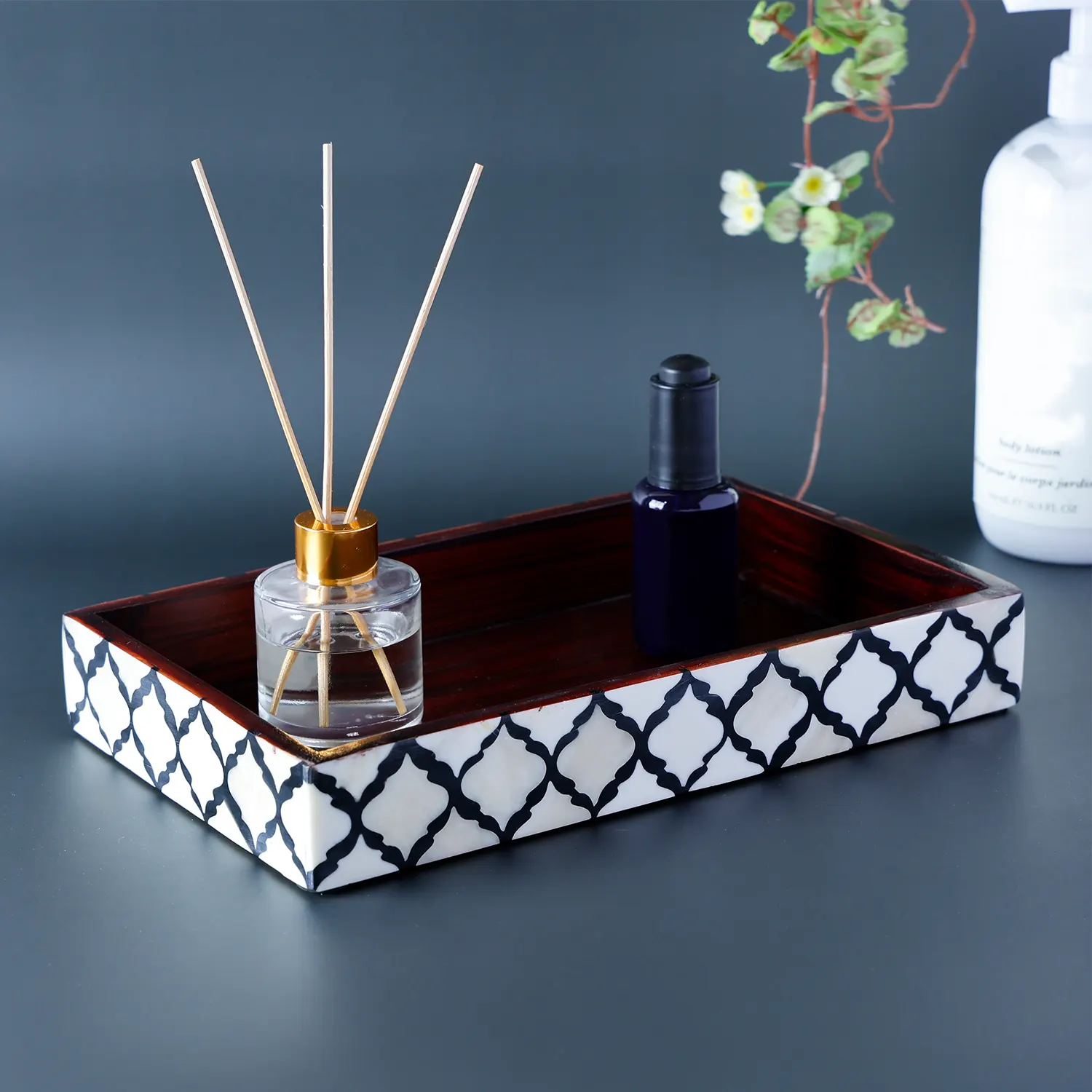 Vanity Trays Moroccan Pattern Bone & Resin inlay, Black & White, 10" x 6"
