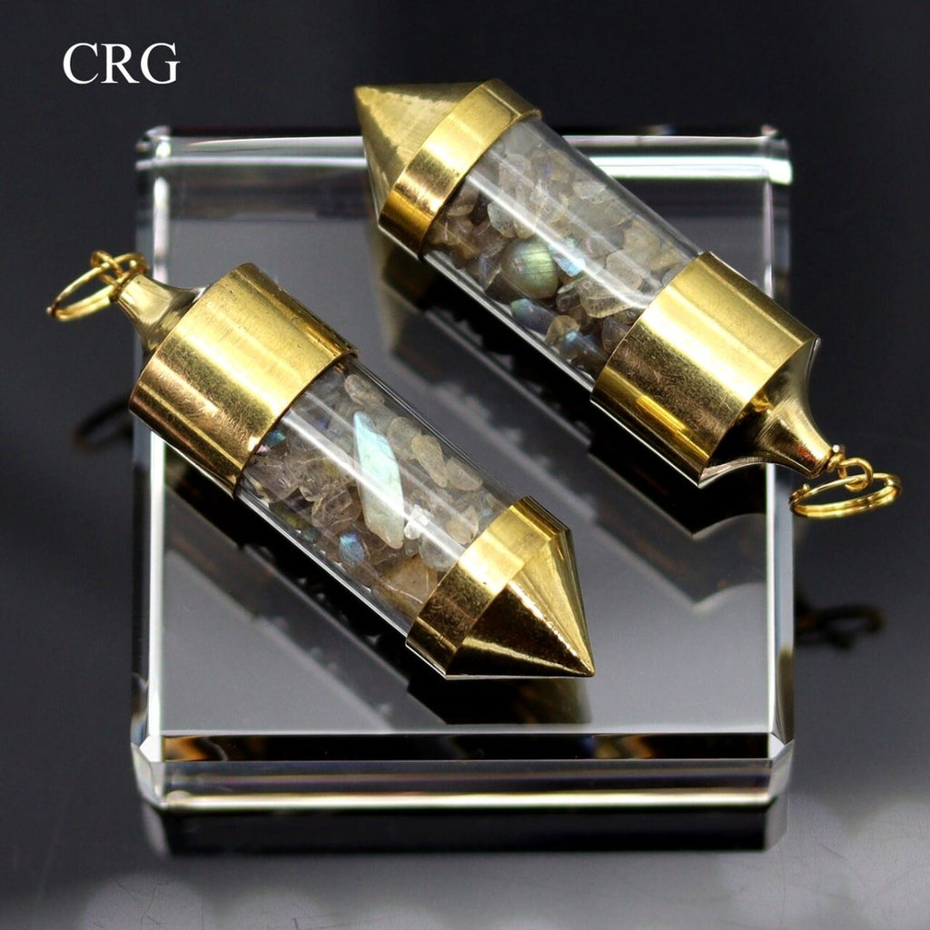 Labradorite Gemstone Chips in Gold-Plated Bottle Pendant (2 Pieces) Size 2.5 Inches