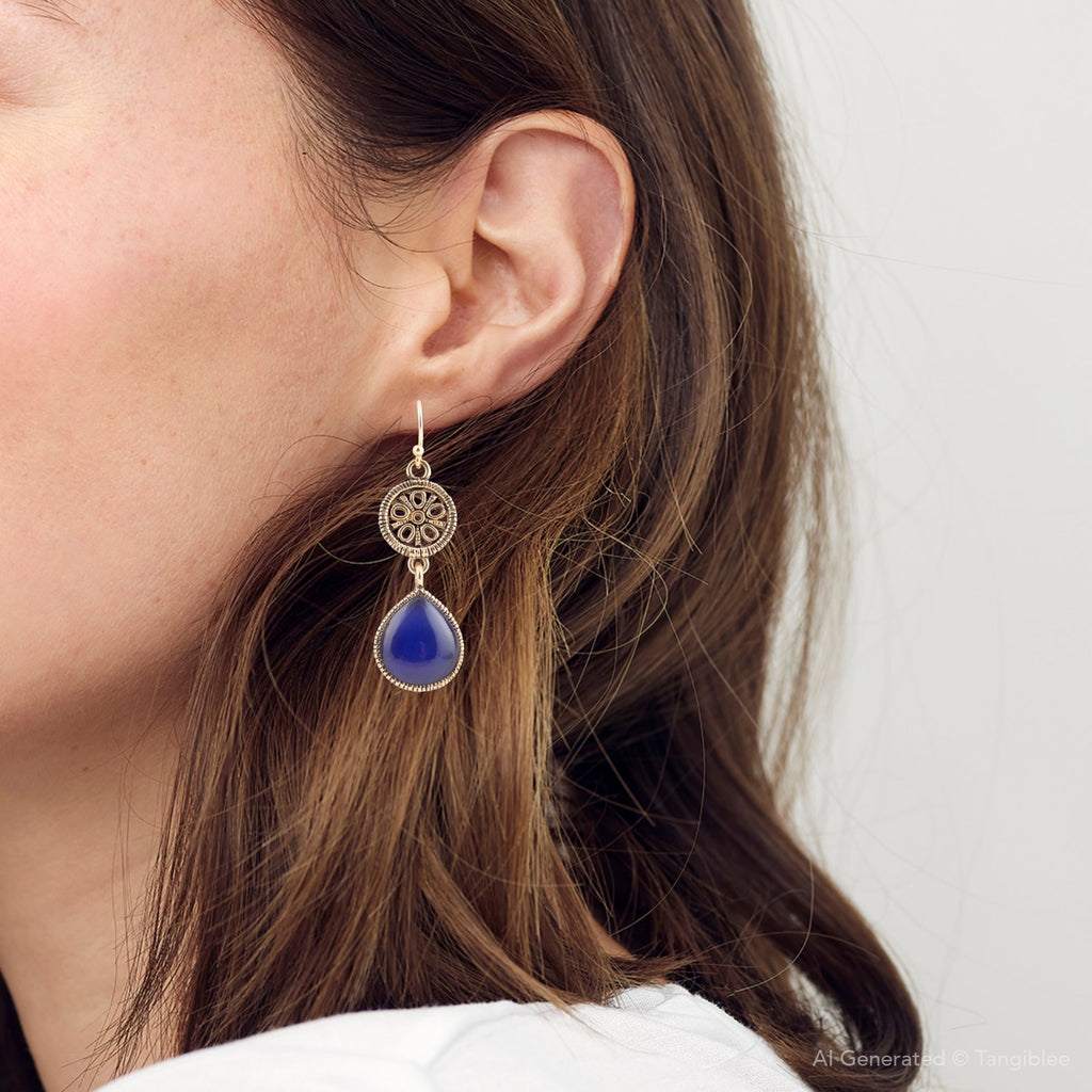 Lace Blue Agate Drop Golden Earrings