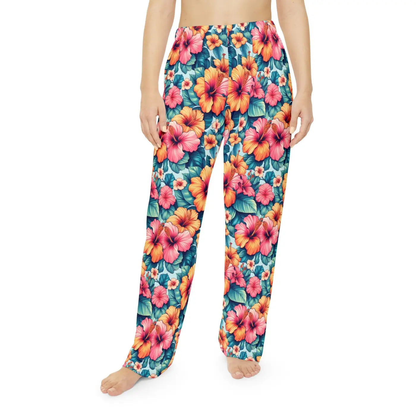 Vibrant Floral Pajama Pants - Large Hibiscus Polyester - DipaliZ