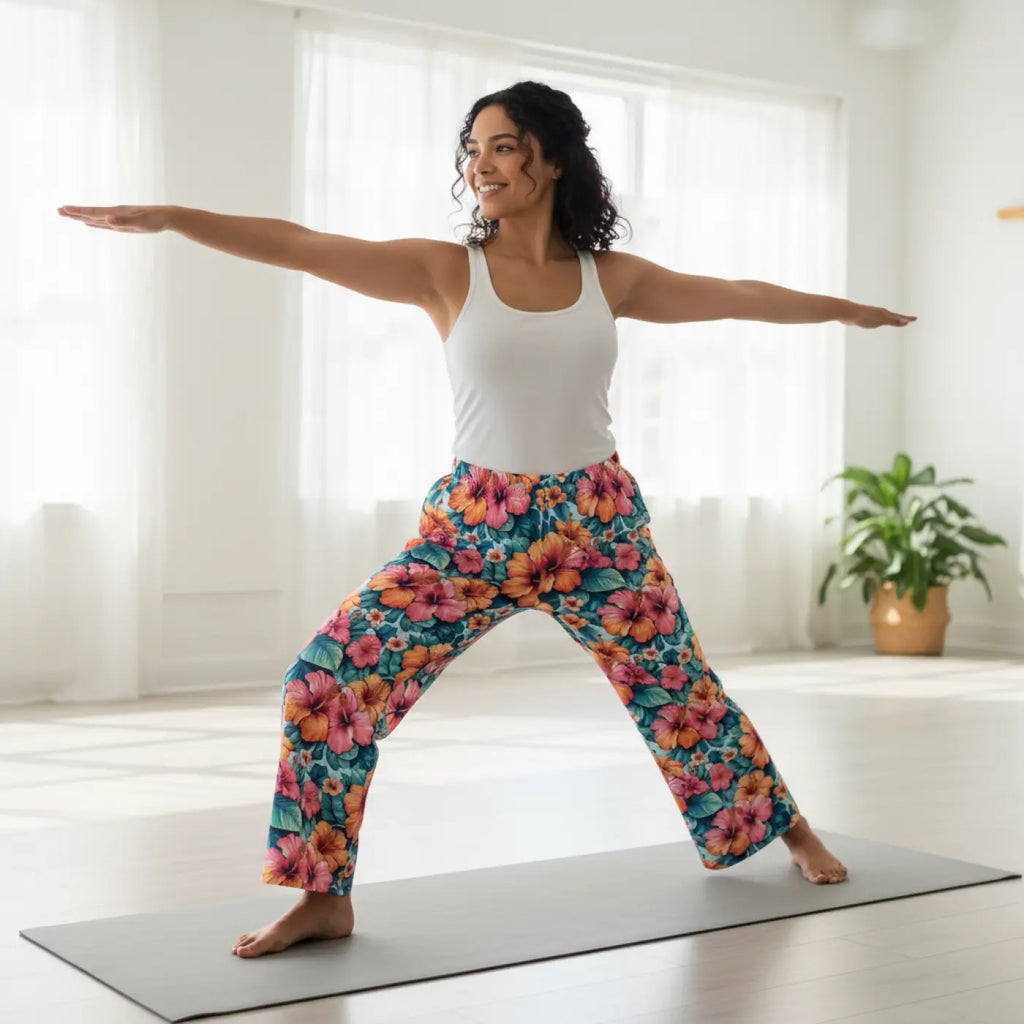 Vibrant Floral Pajama Pants - Large Hibiscus Polyester - DipaliZ