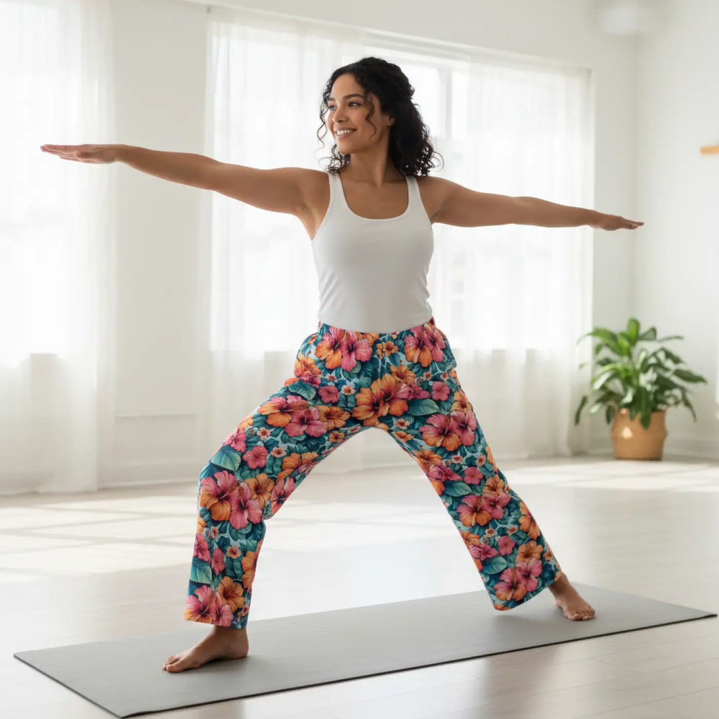 Vibrant Floral Pajama Pants - Large Hibiscus Polyester - DipaliZ