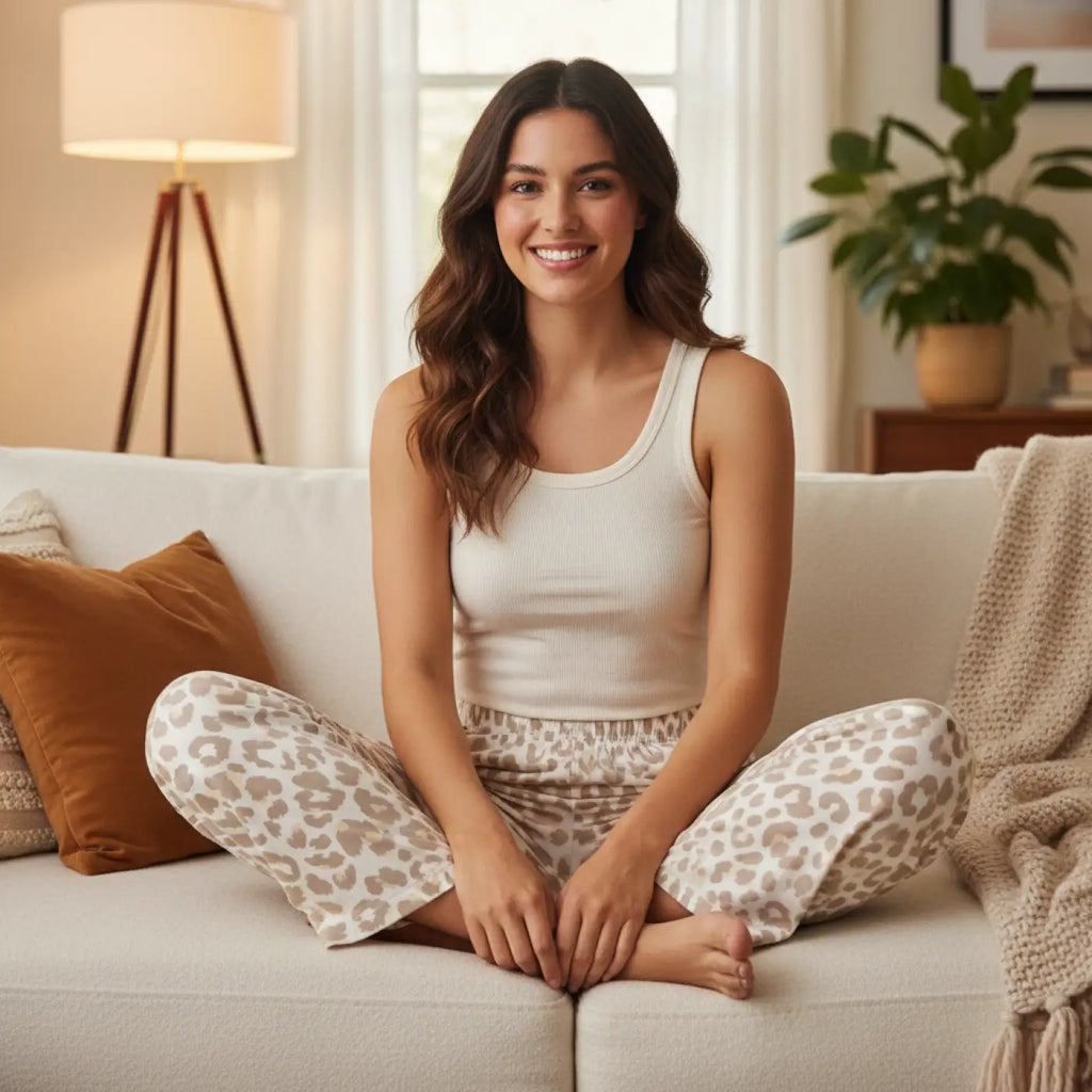 Beige Leopard Print Pajama Pants - Cozy Lounge Sleepwear - DipaliZ
