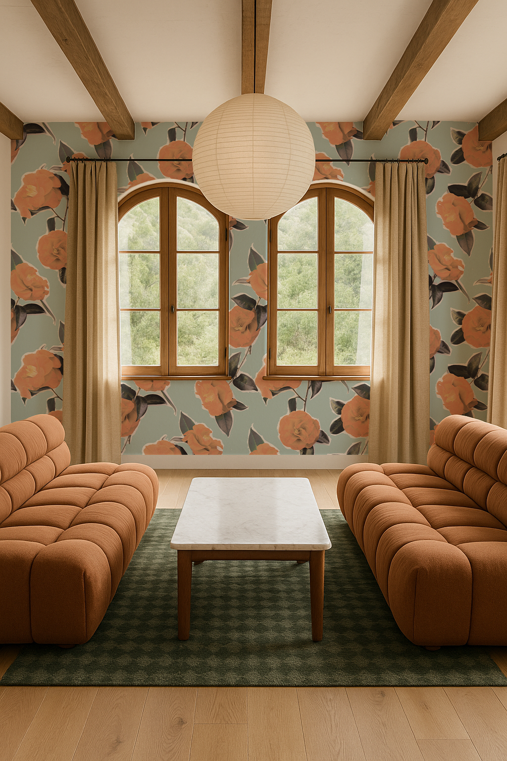 Camellia Wallpaper, light blue and orange