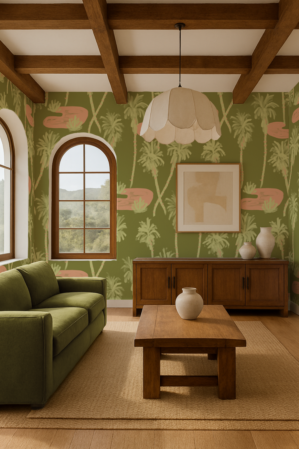 Palm Oasis Wallpaper, olive green and coral