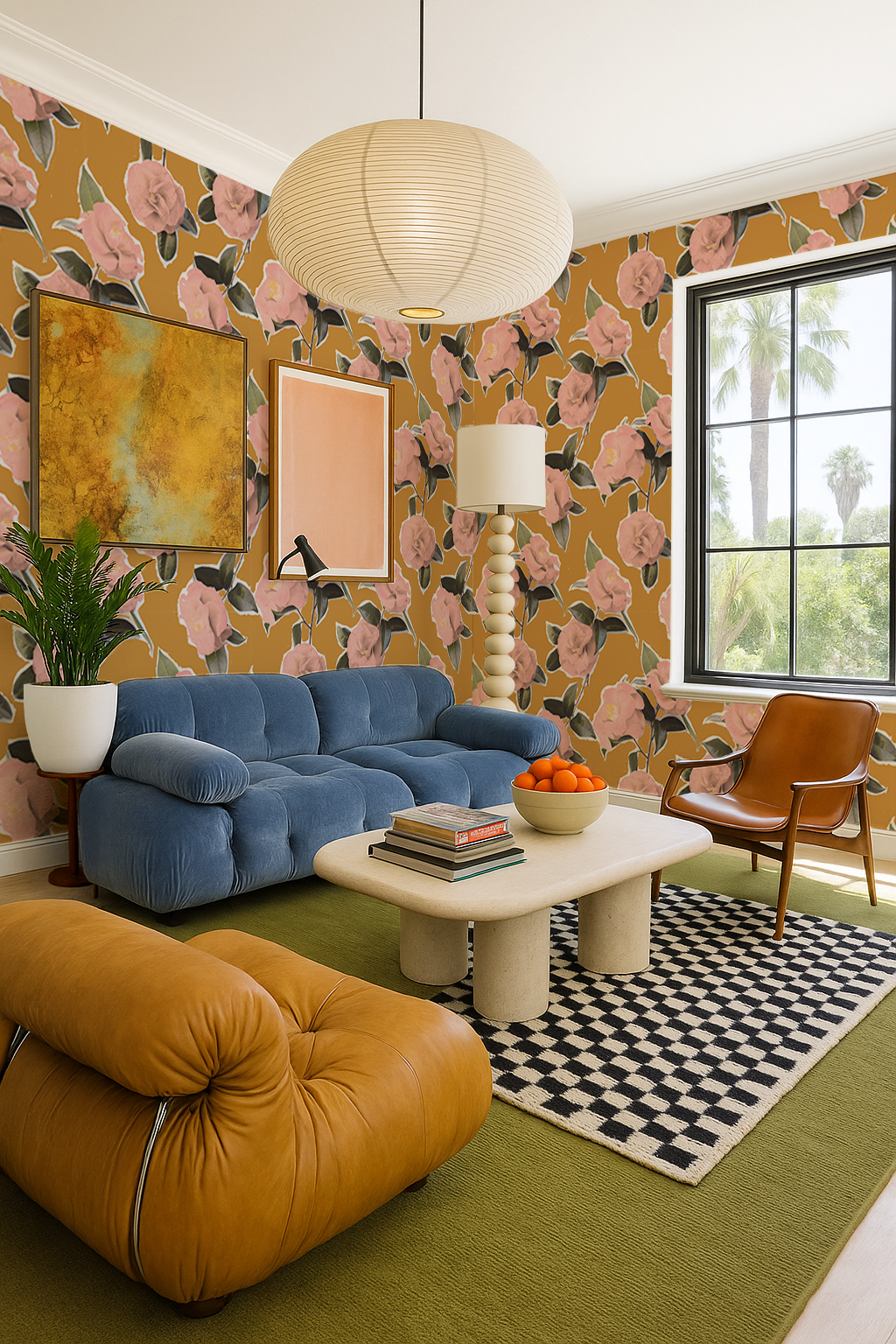 Camellia Wallpaper, mustard and coral