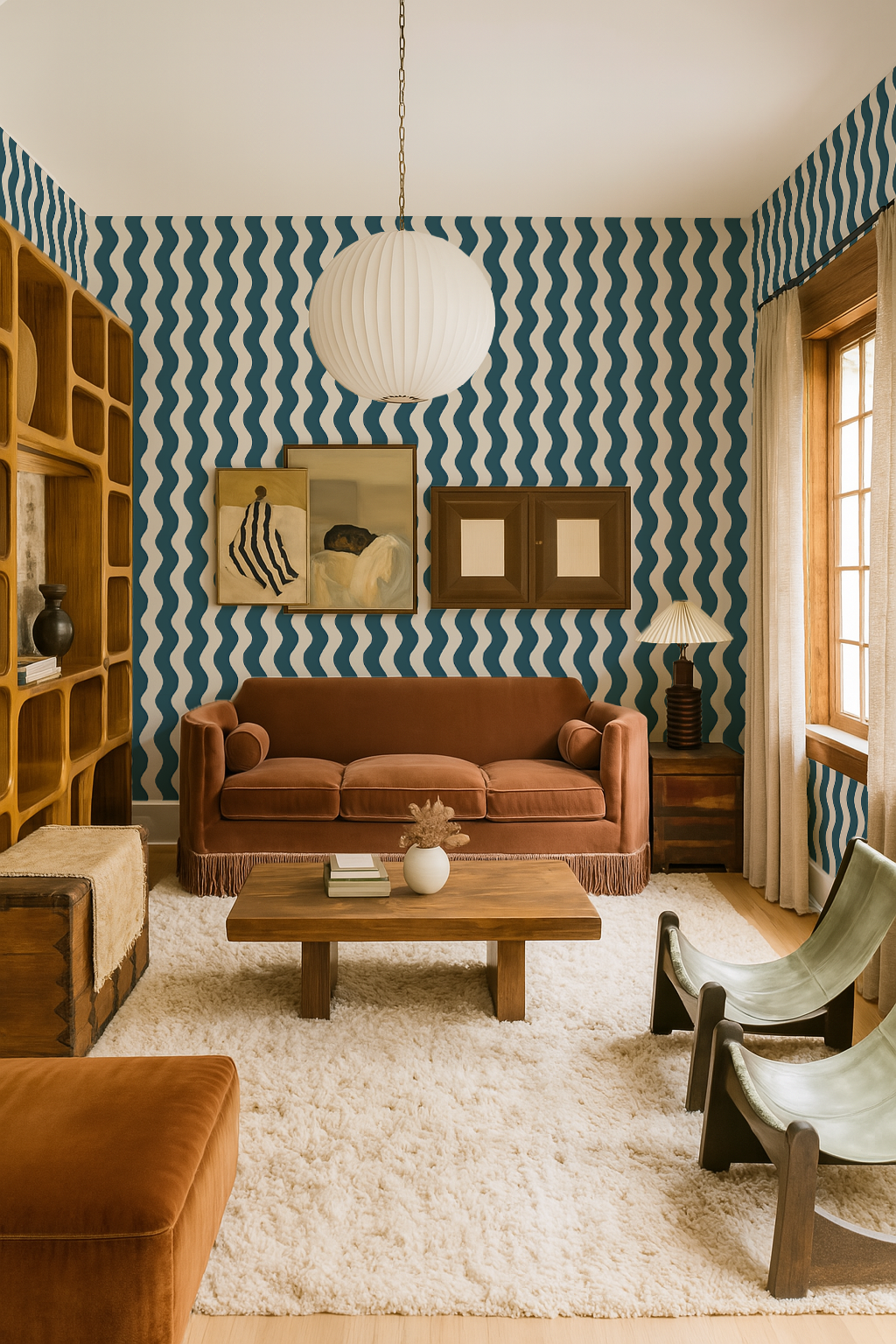 Ziggy Stripe Wallpaper, white and blue