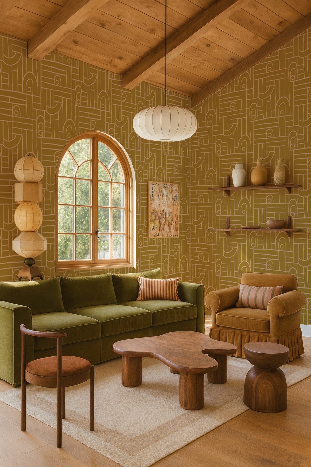 Deco Tile Wallpaper, mustard and peach