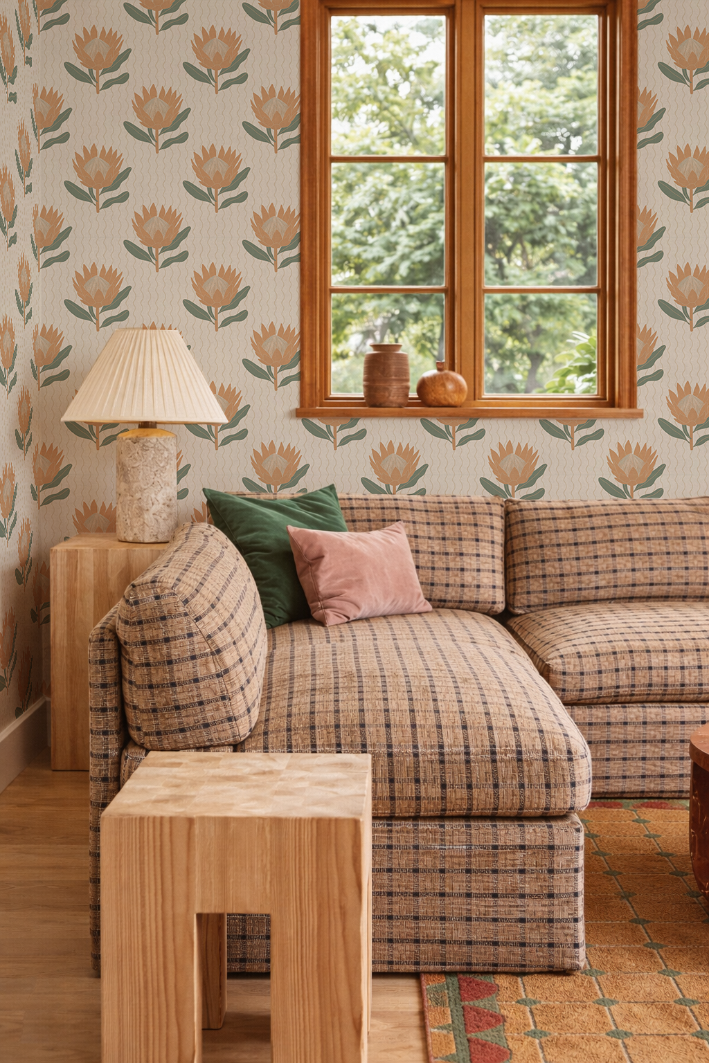 King Protea Wallpaper, neutral and apricot