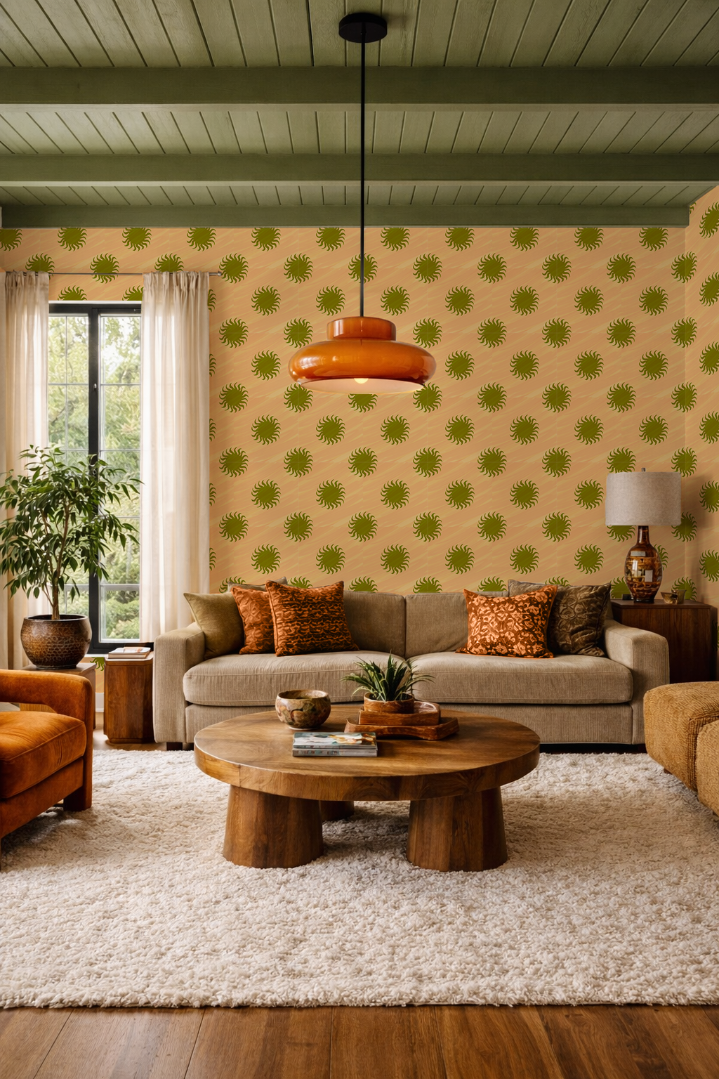 Sol Wallpaper, peach and olive green