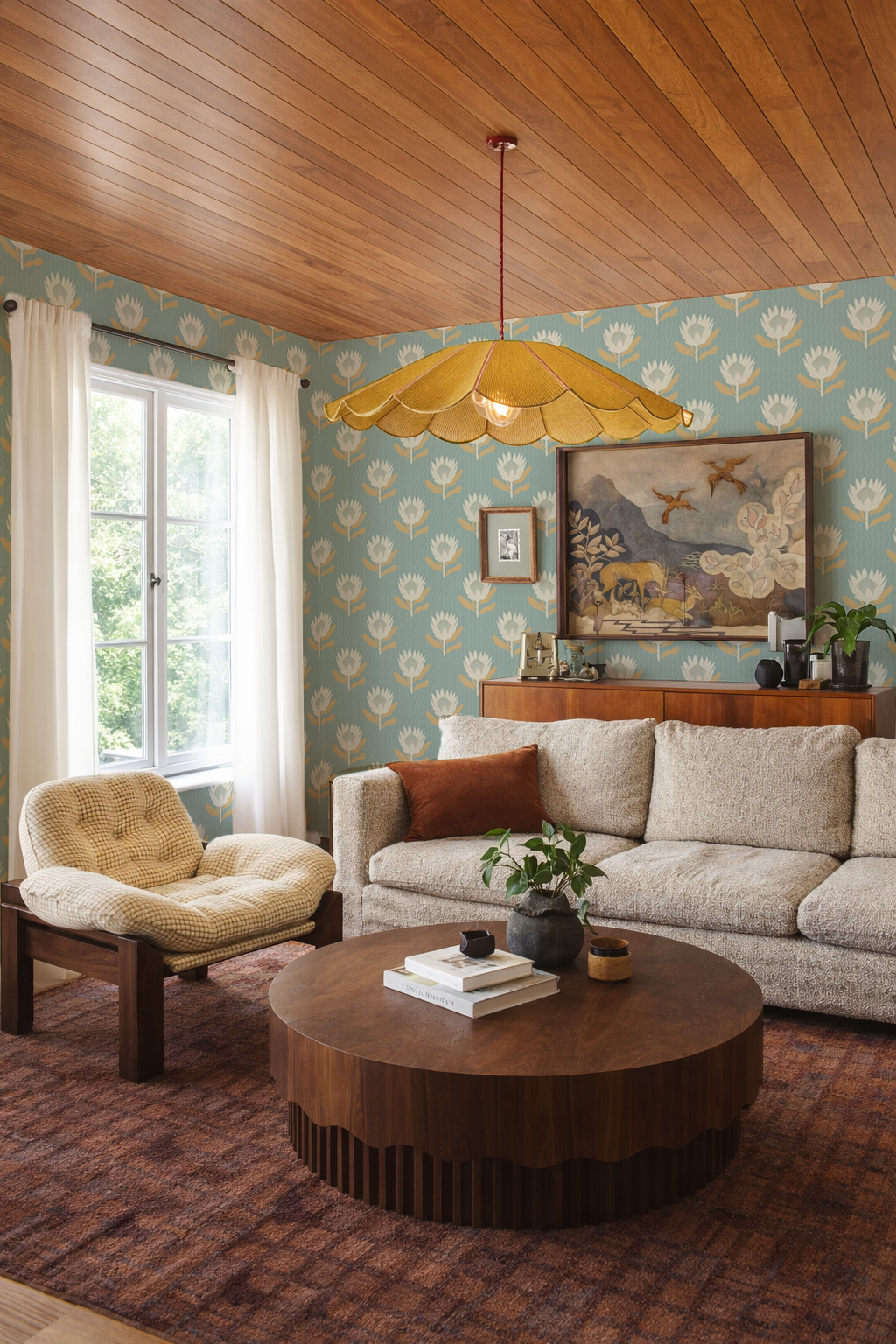 King Protea Wallpaper, light blue and apricot