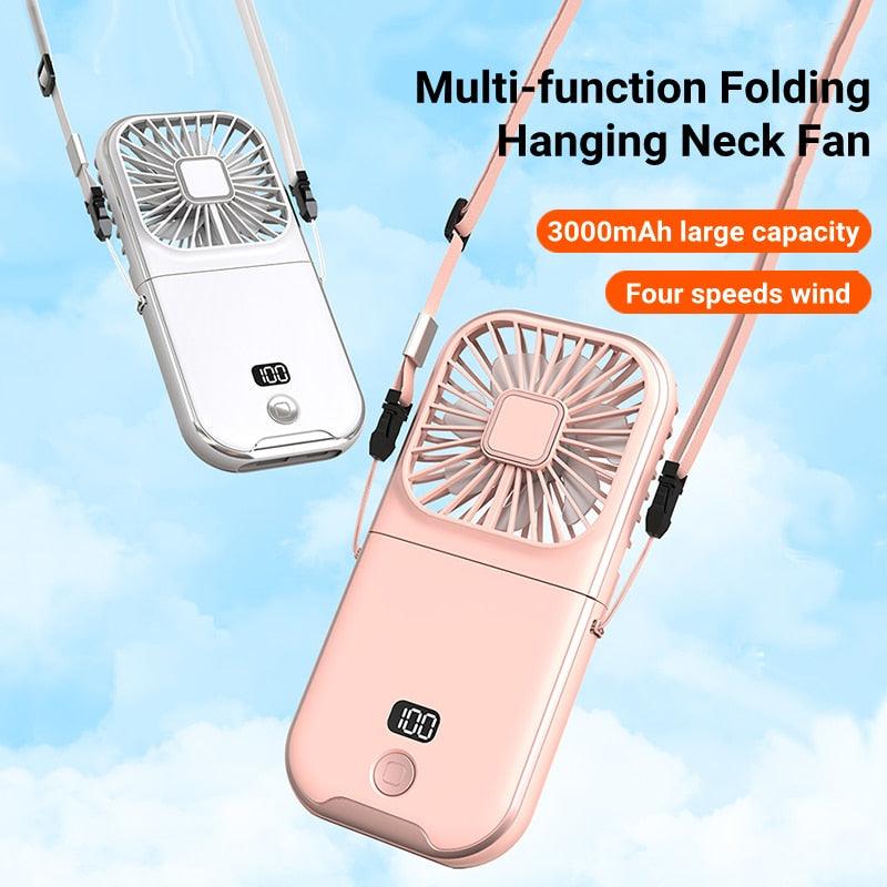 Mini Portable Outdoor Hand Fan Hanging Neck Fan USB Charging 3000mAh Battery Powered 180° 4 Adjustable Speed