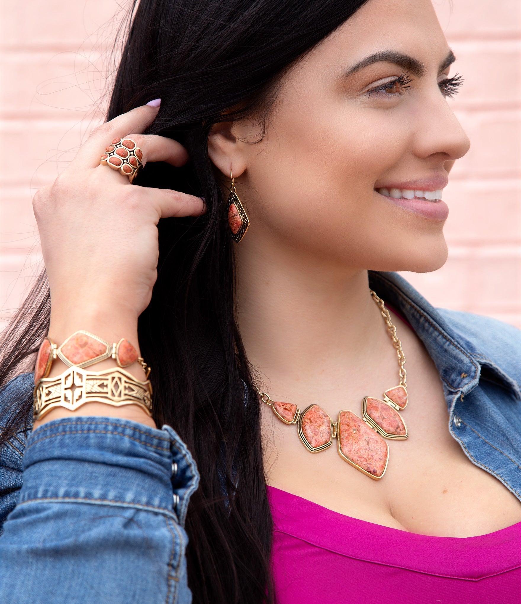 Multi Shape Orange Sponge Coral Pendant Gold Necklace