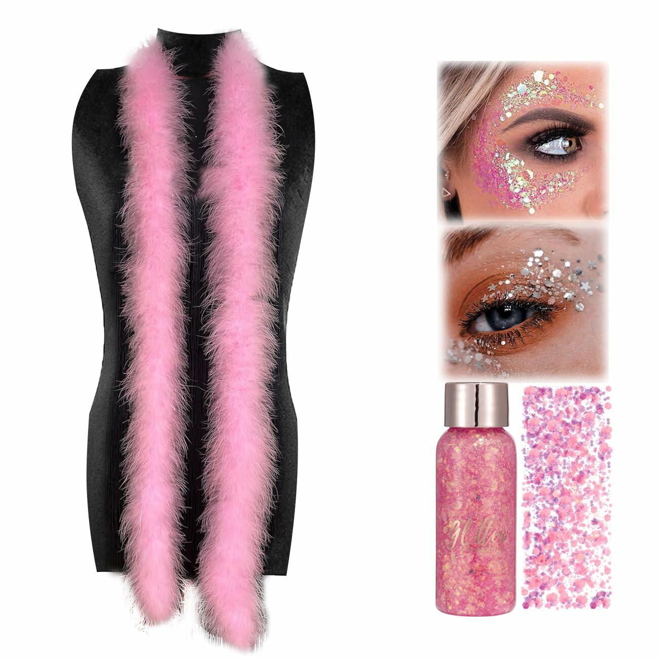 Fluffy Feather Boas with Body Face Glitter Gel Pink Party Favors Decor