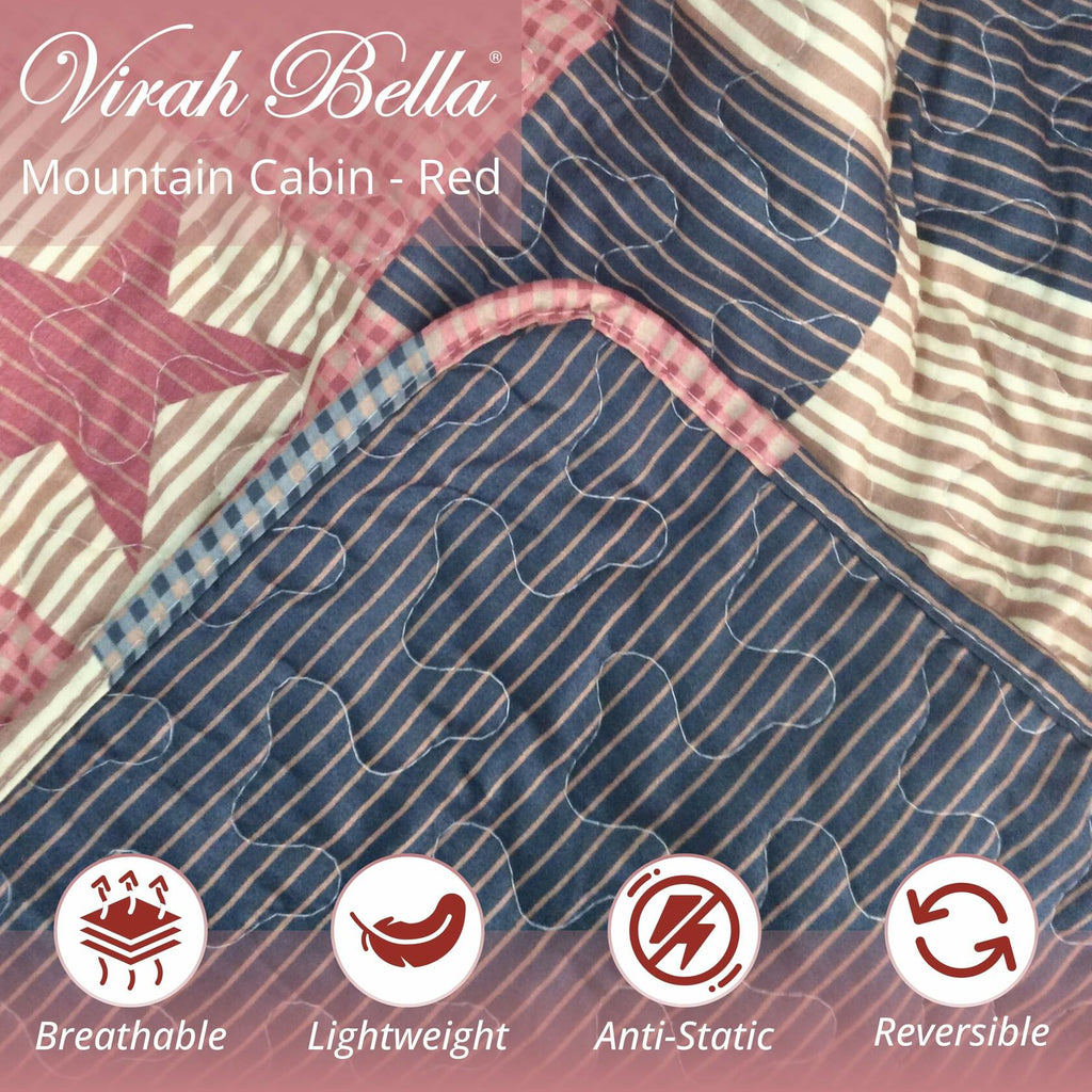 Virah Bella 3 Piece Queen Cabin Quilt Bedding Set - Mountain Cabin Red - Rustic Country Reversible Patchwork Comforter Set with Decorative Pillow Shams, Red/Tan