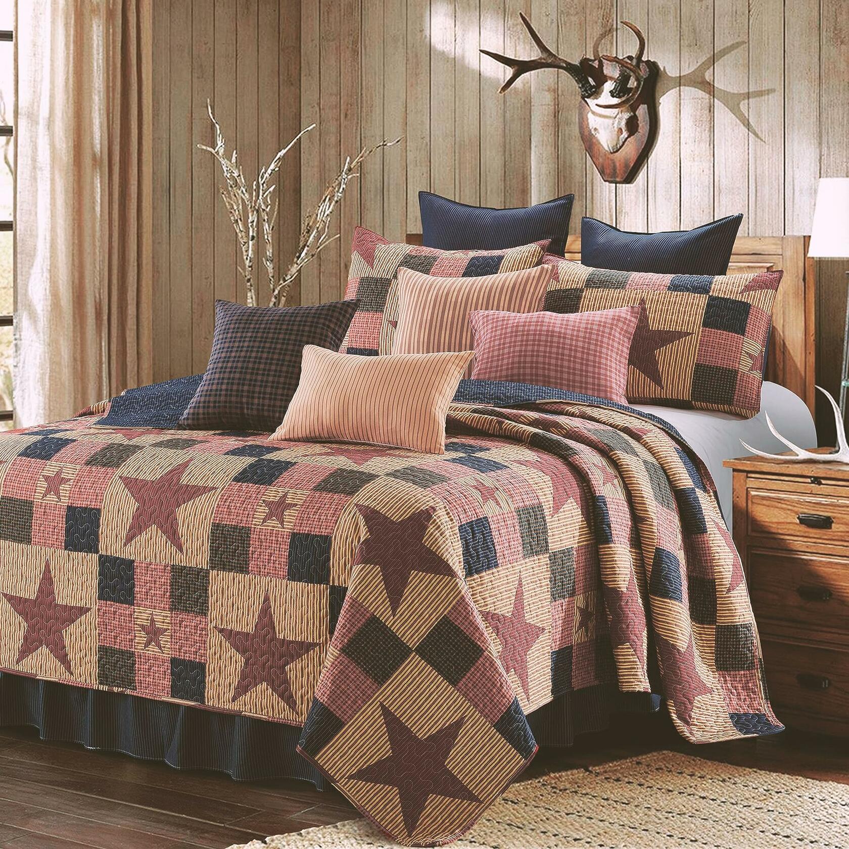 Virah Bella 3 Piece Queen Cabin Quilt Bedding Set - Mountain Cabin Red - Rustic Country Reversible Patchwork Comforter Set with Decorative Pillow Shams, Red/Tan