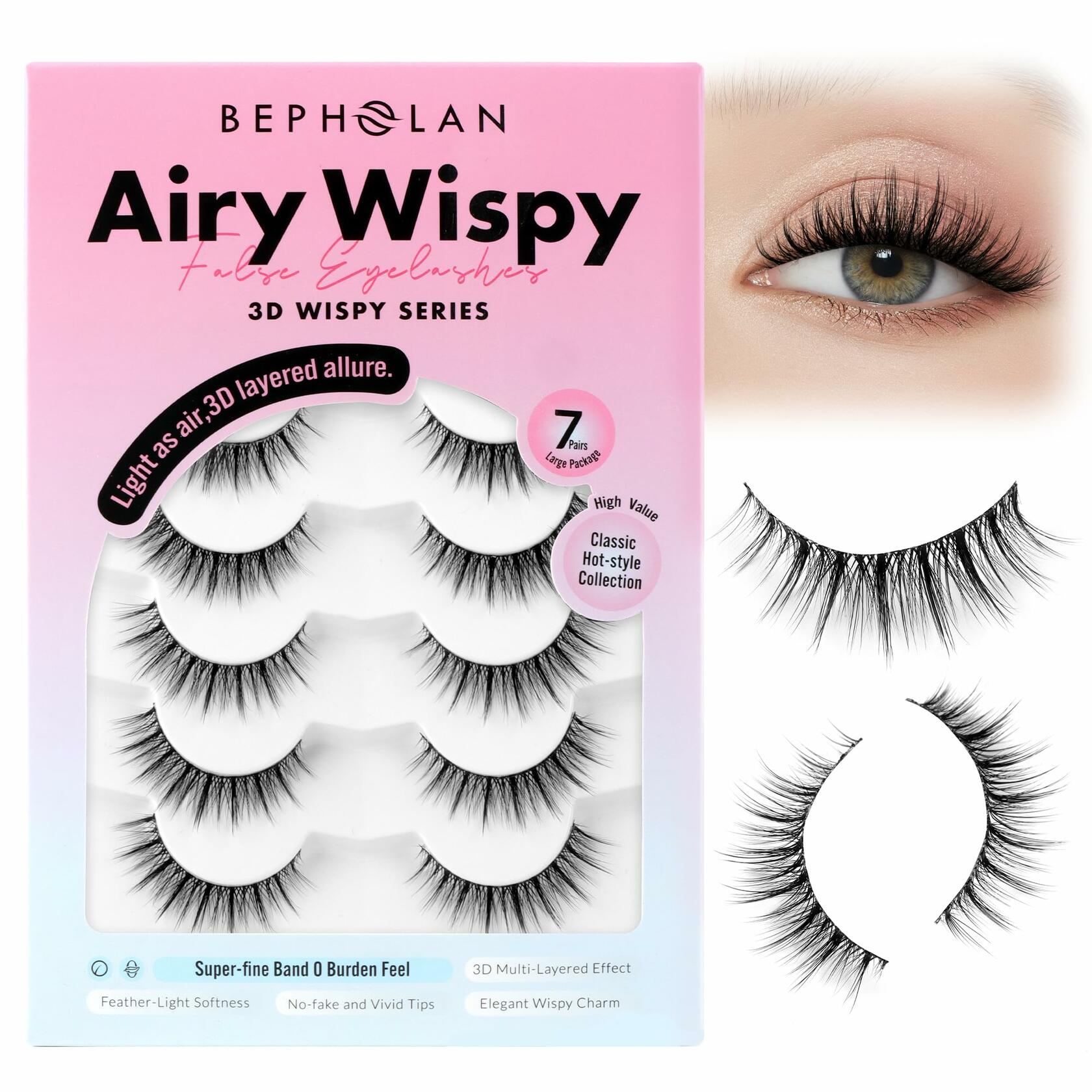 Bepholan False Eyelashes 7 Pairs Natural Wispy Reusable Clear Band W06