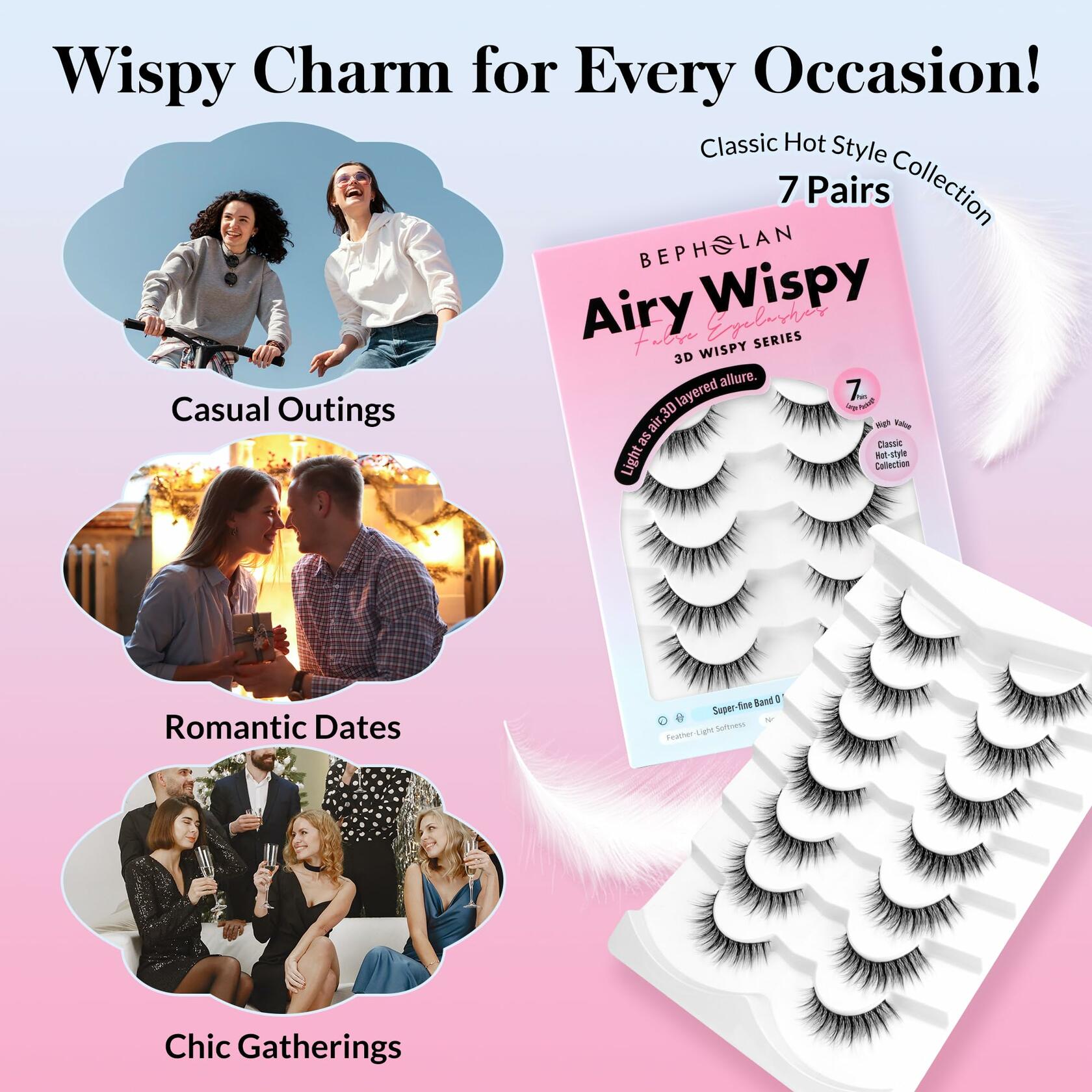 Bepholan False Eyelashes 7 Pairs Natural Wispy Reusable Clear Band W06