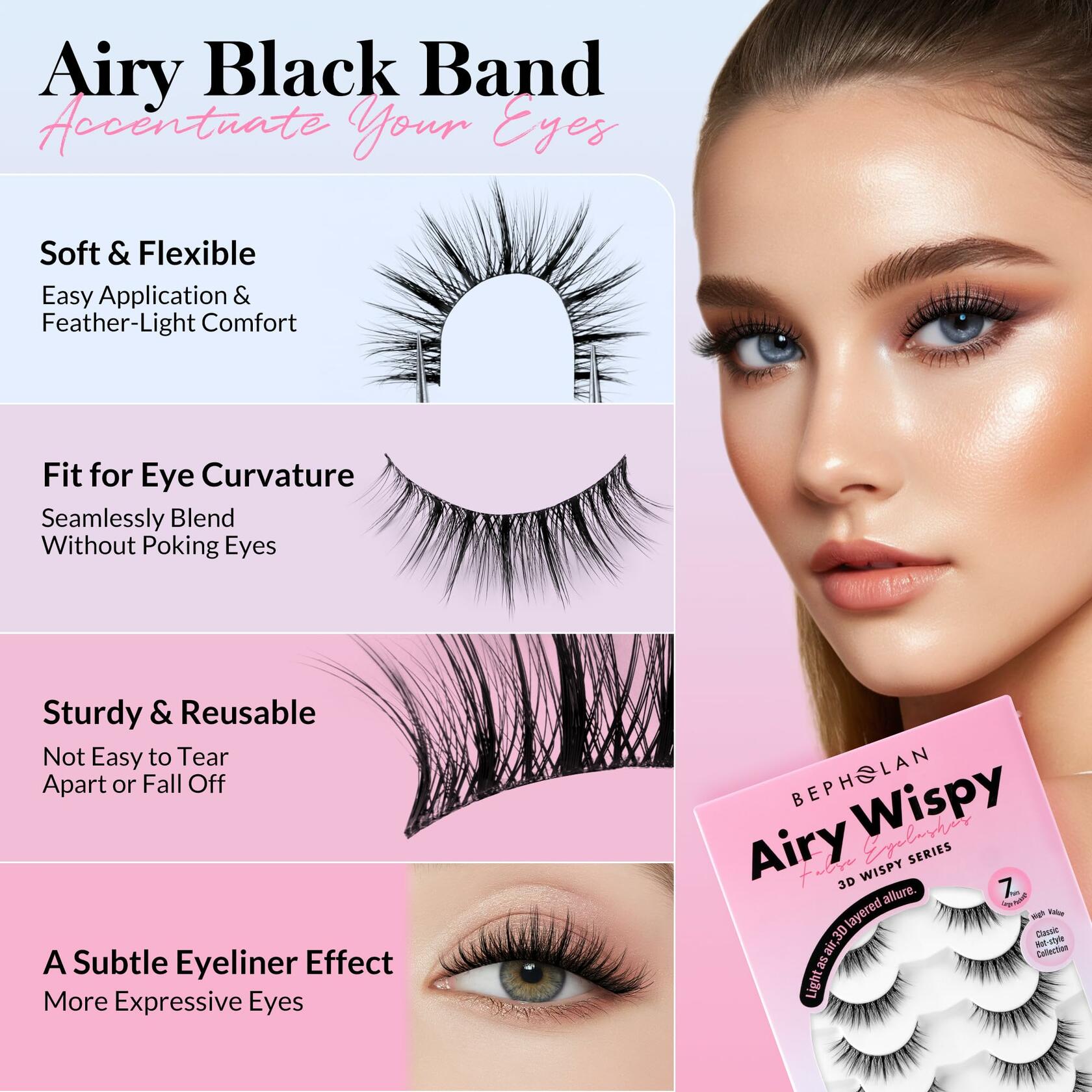 Bepholan False Eyelashes 7 Pairs Natural Wispy Reusable Clear Band W06