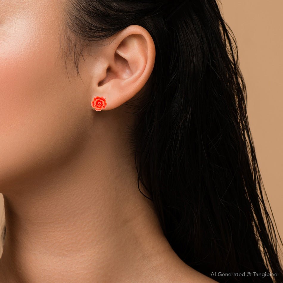Orange Coral Rose Post Stud Earrings