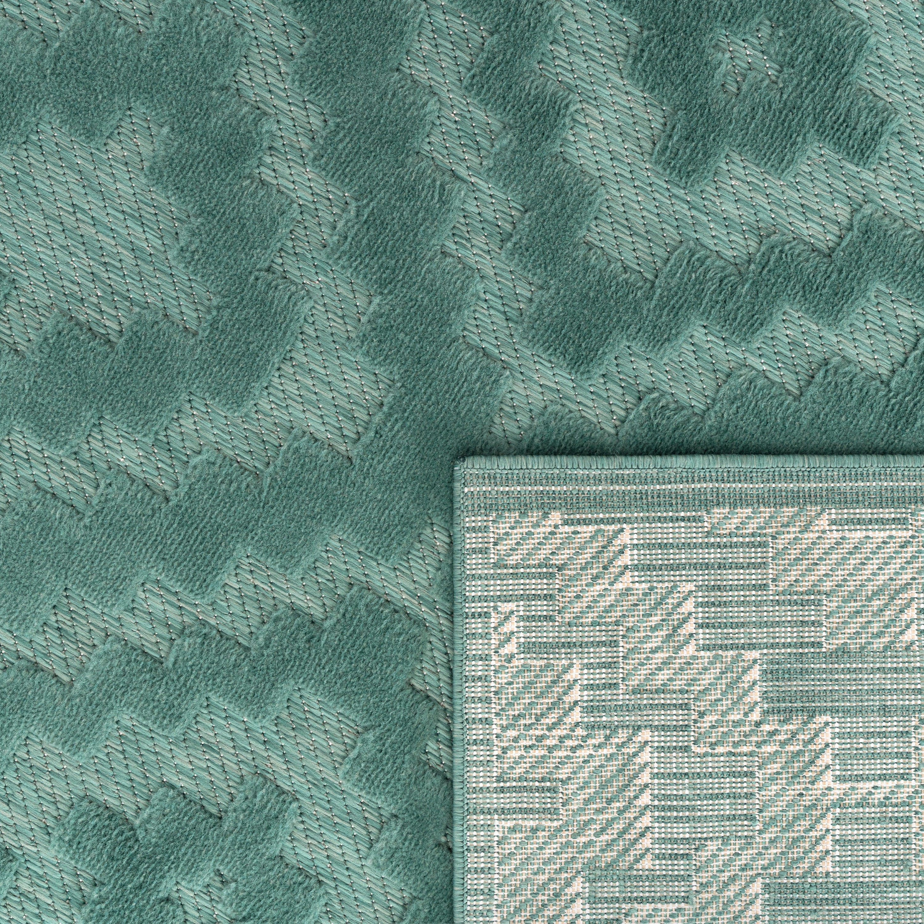 Indoor Outdoor Rug Livorno Trellis High-Low Pattern In Turquoise