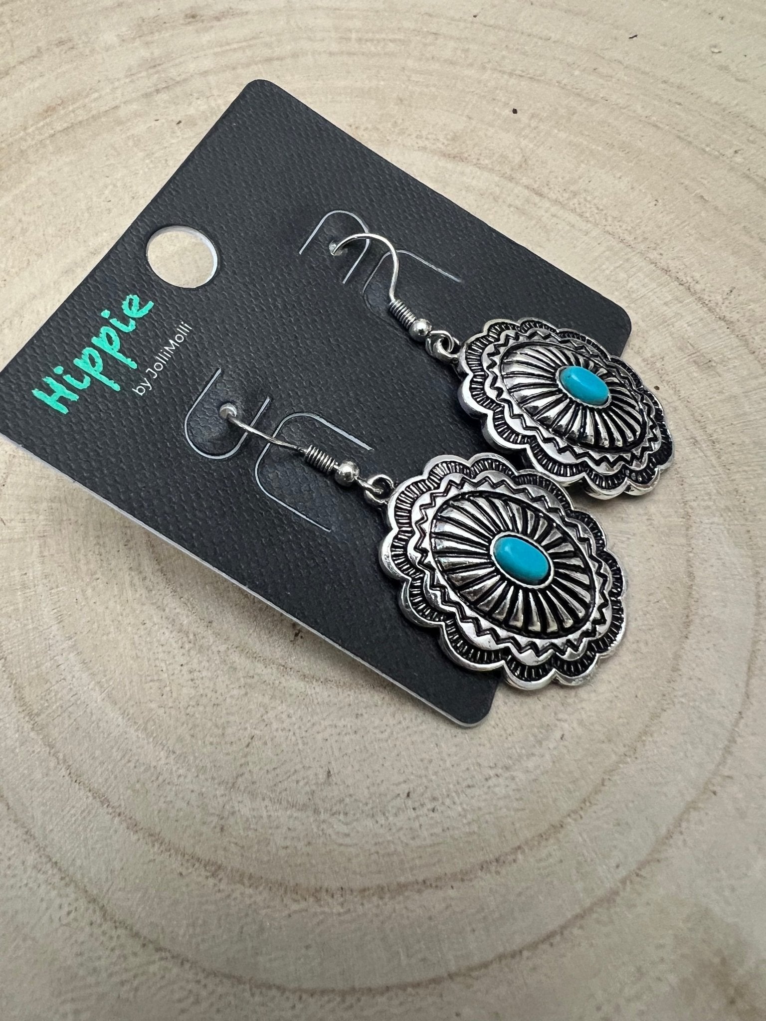 Oval Concho Earrings with Faux Turquoise