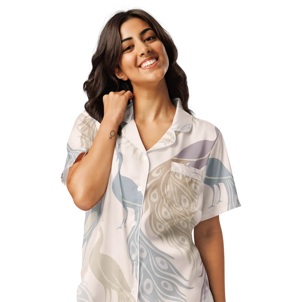 Peacock Bird Print Pajama Top - Soft Satin - DipaliZ
