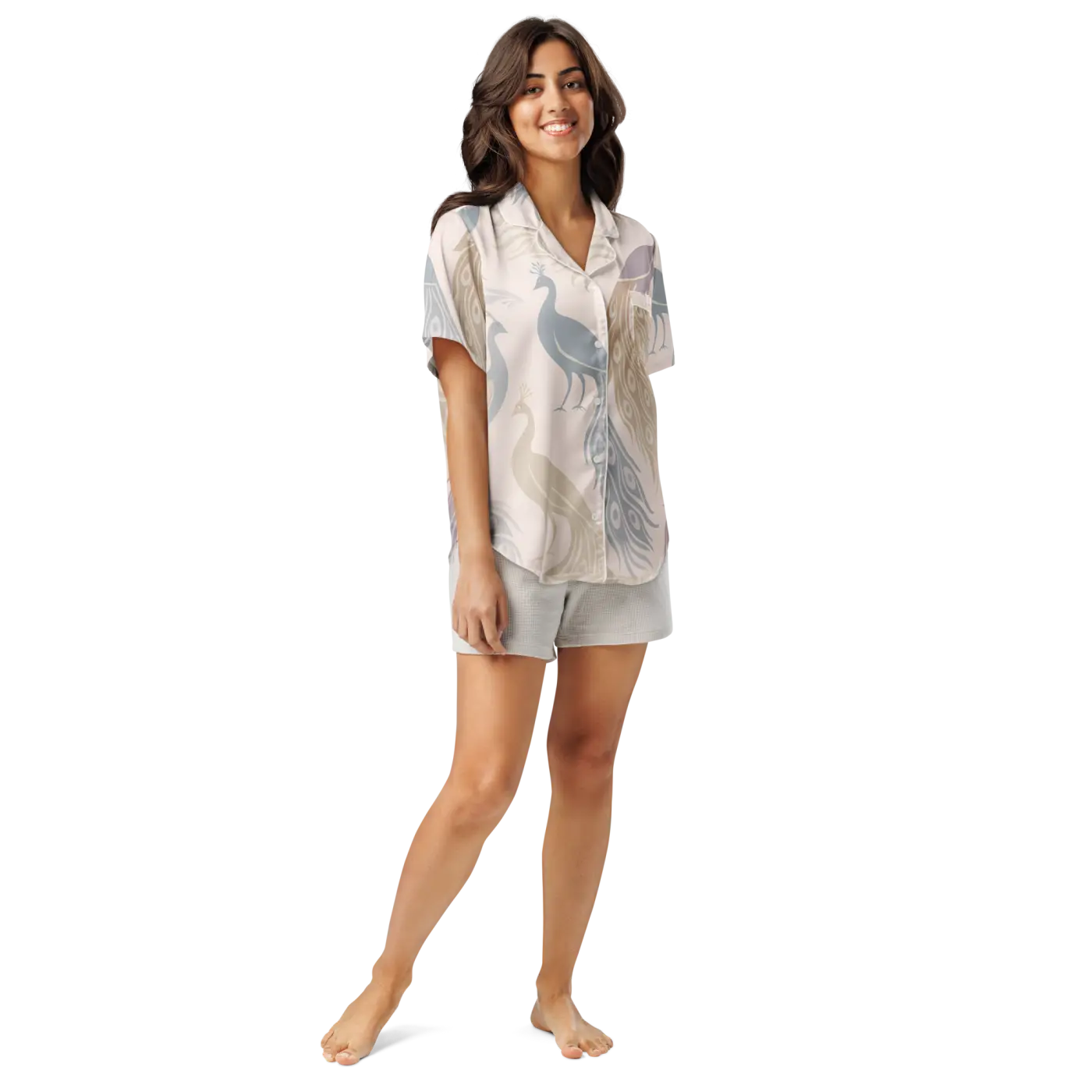Peacock Bird Print Pajama Top - Soft Satin - DipaliZ