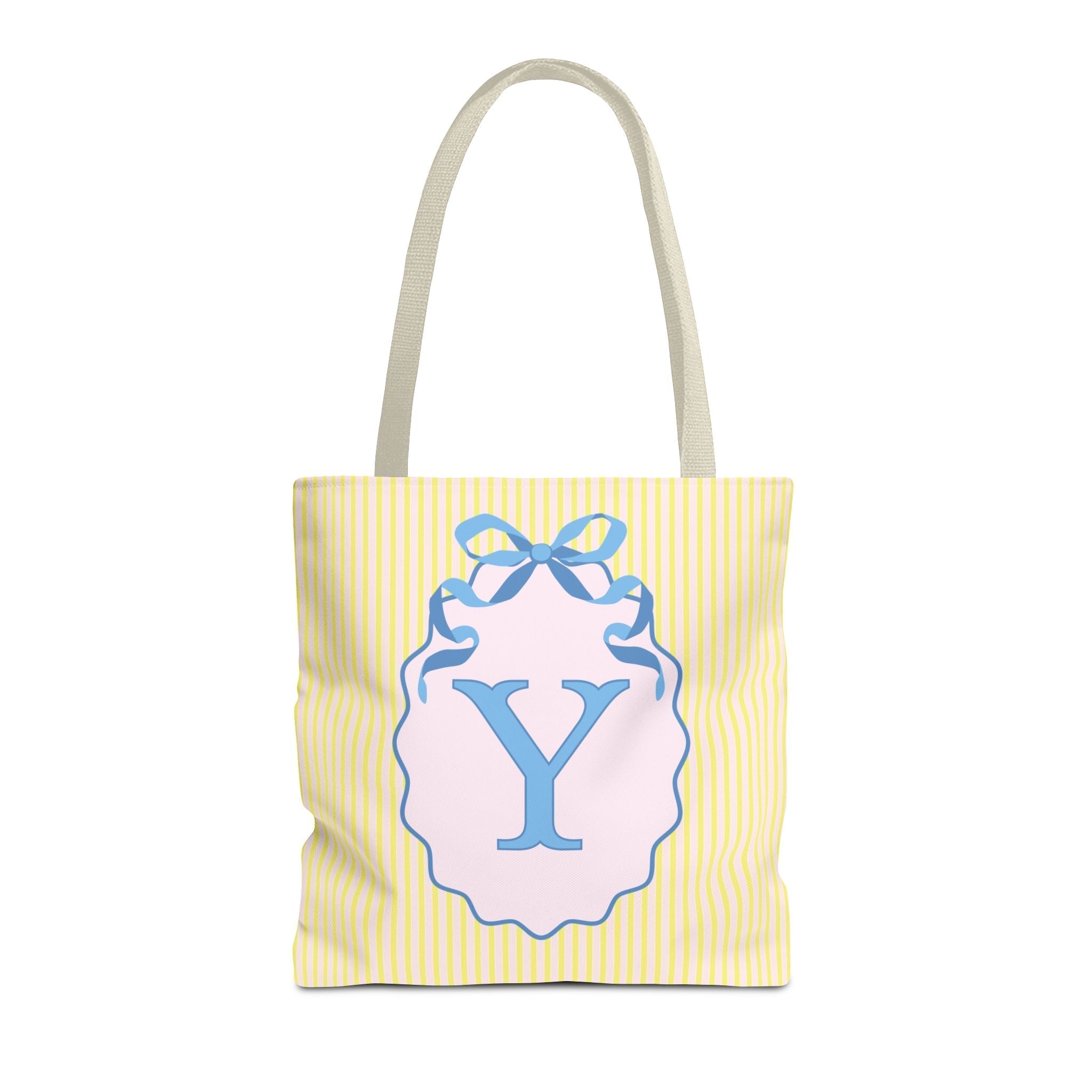 Peppy Initial Tote Bag with Initial and Cute Bow, Boho Hydrangea Flowers: Y