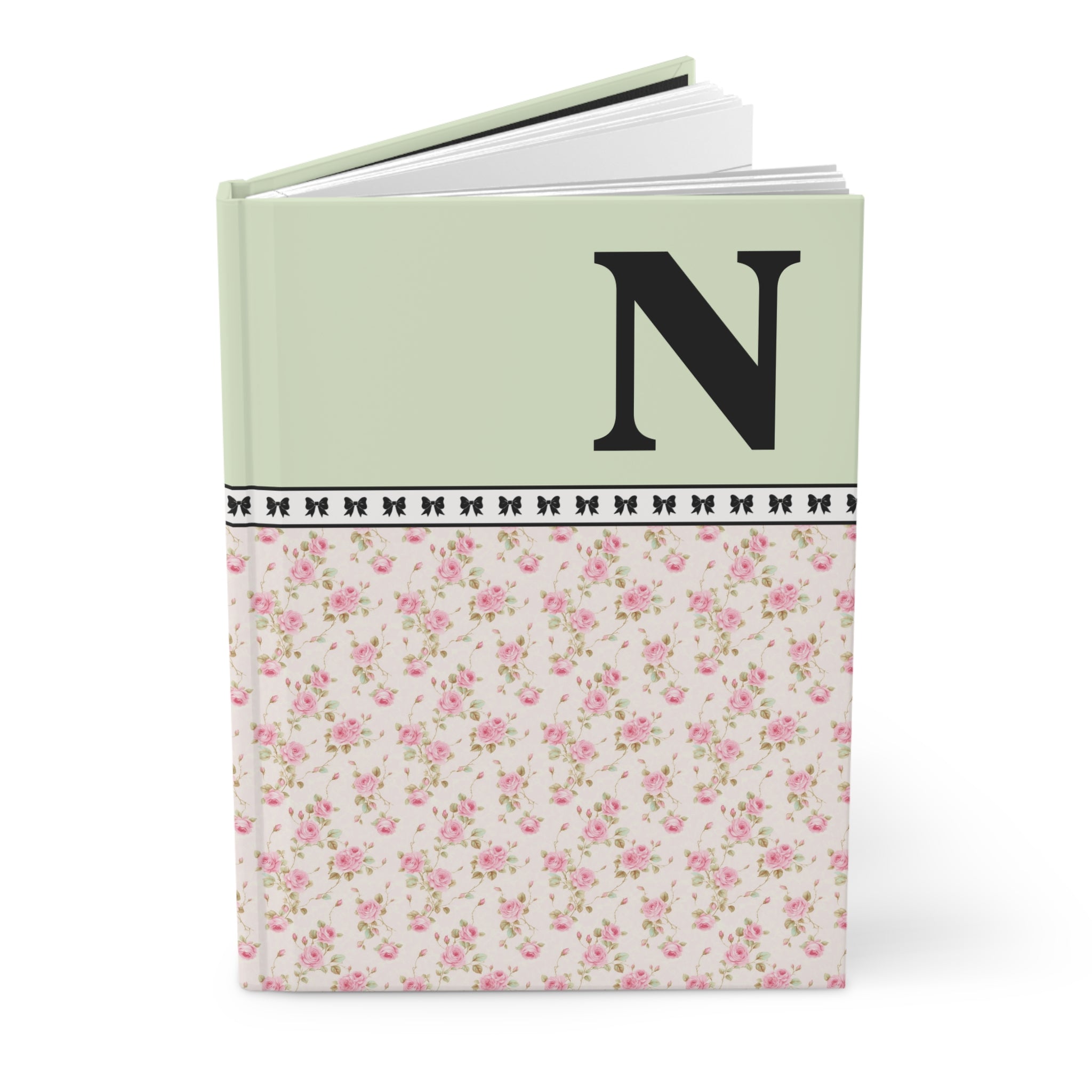 Pink Floral Notebook with Initial and Bows: N