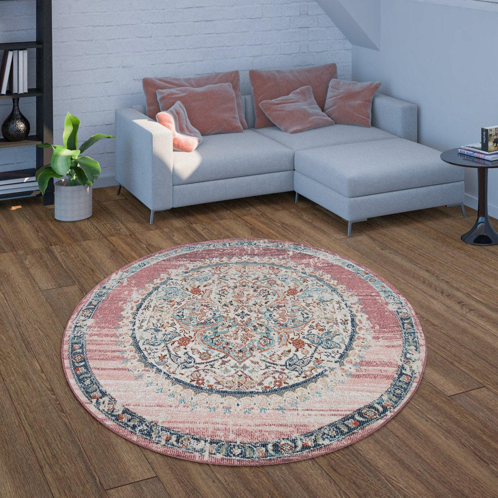 Pink White Outdoor Rug For Patio Oriental Pattern