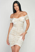 Shiny Velvet Off-Shoulder Ruched Mini Dress