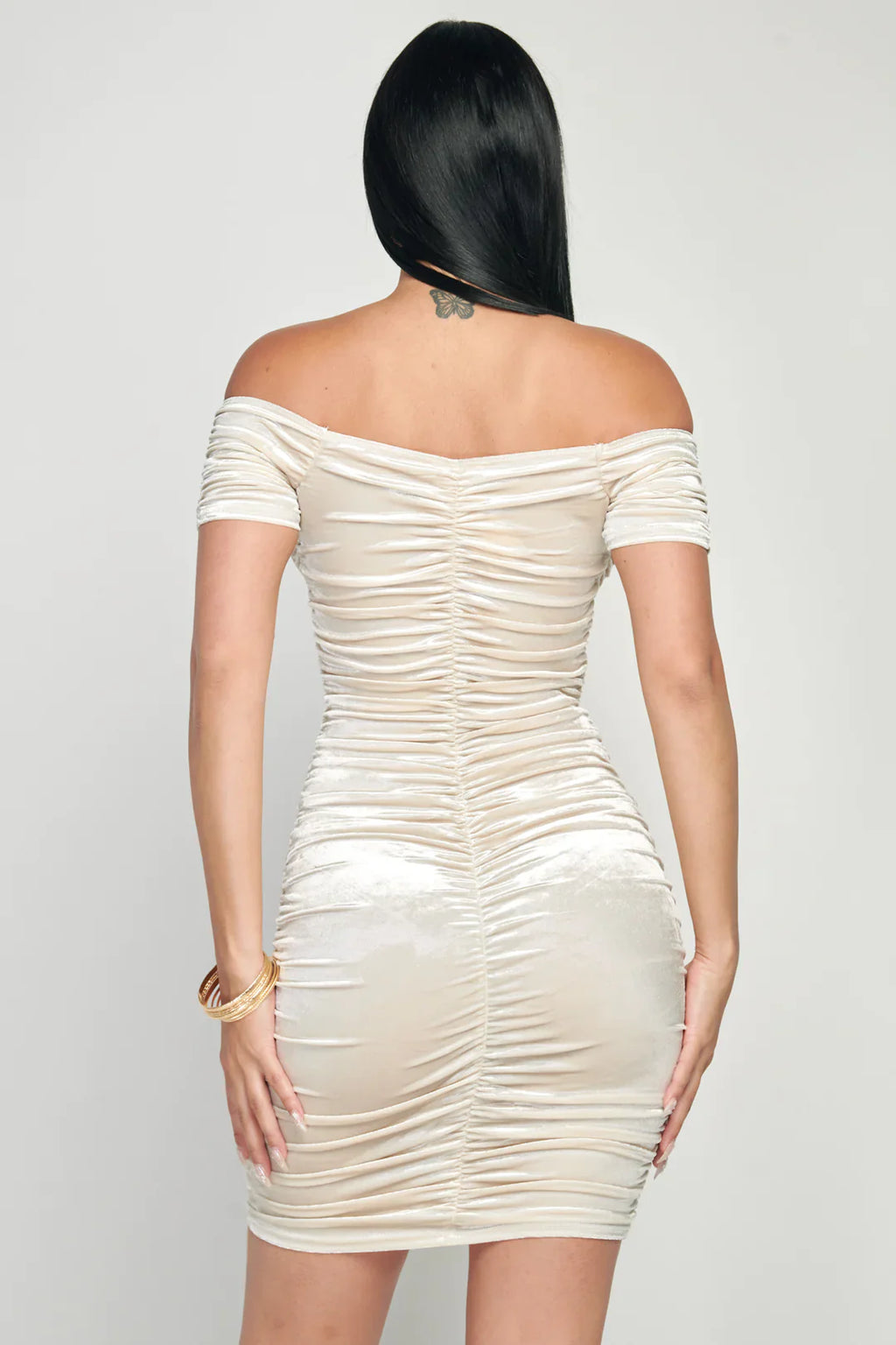 Shiny Velvet Off-Shoulder Ruched Mini Dress