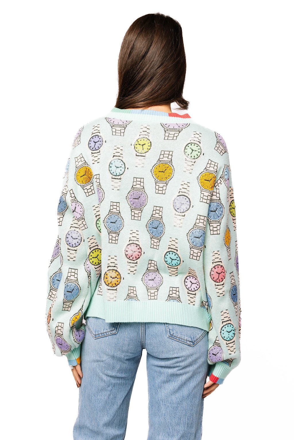 QOS Aqua Colorblock Trim Multi Watch Button Up Cardigan