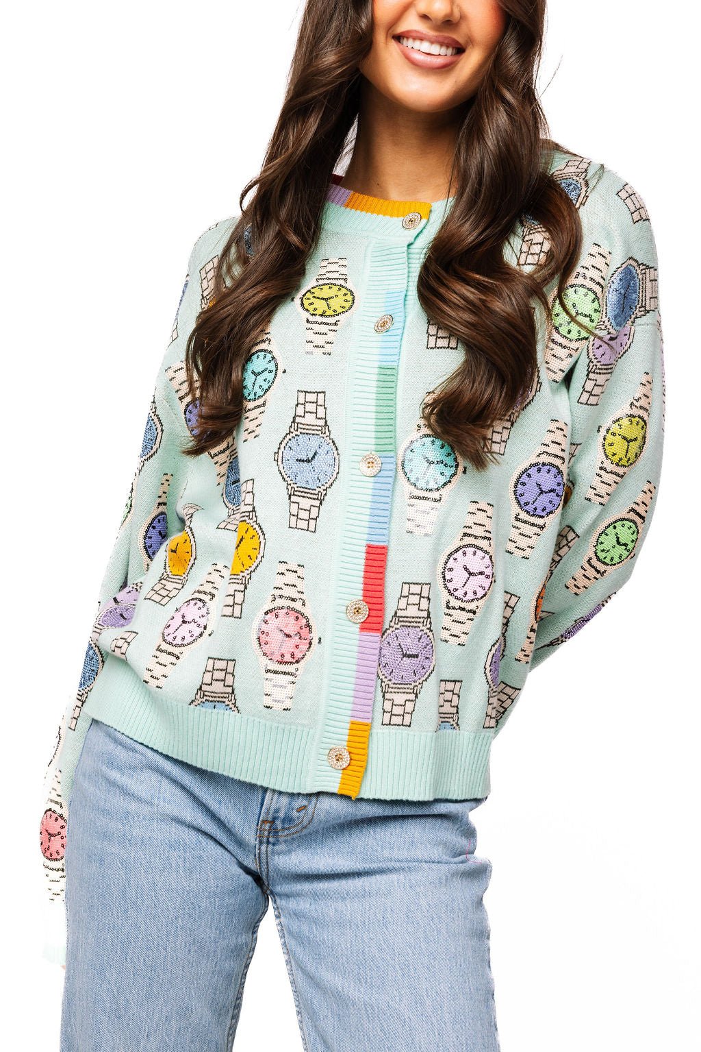 QOS Aqua Colorblock Trim Multi Watch Button Up Cardigan