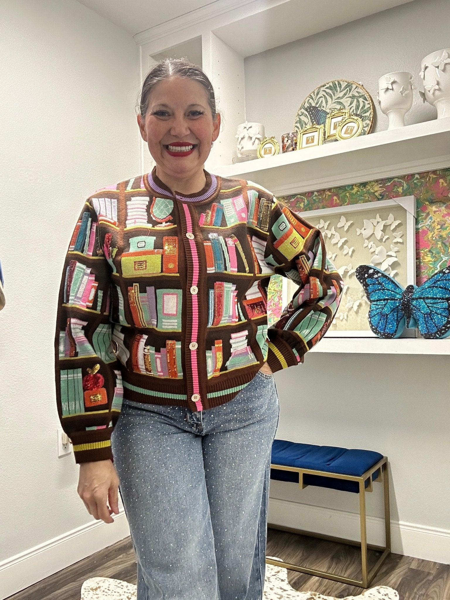 QOS Brown Multi Library Brooks Cardigan