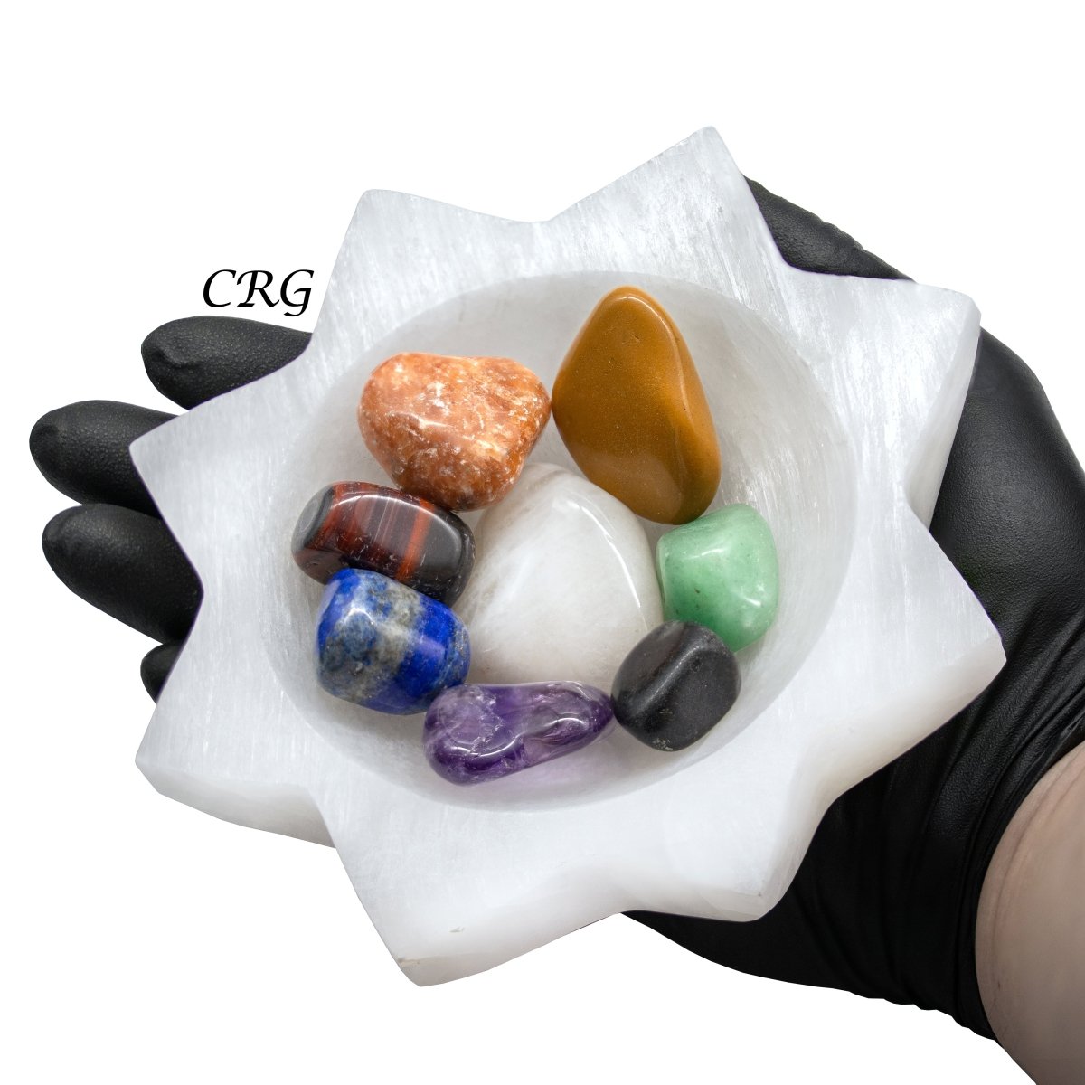 QTY 1 - 7 Stone Tumbled Set with Selenite Sun Bowl
