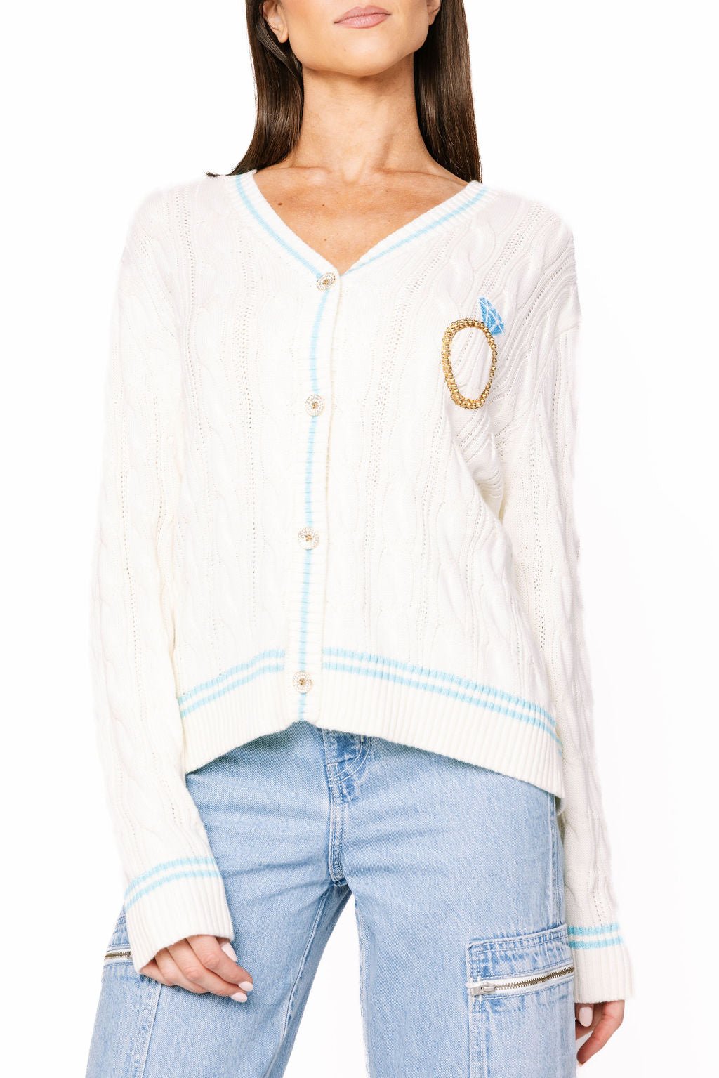 Queen of Sparkles White & Blue 'In My Bride Era' Sequin & Pearl Button Up Cardigan