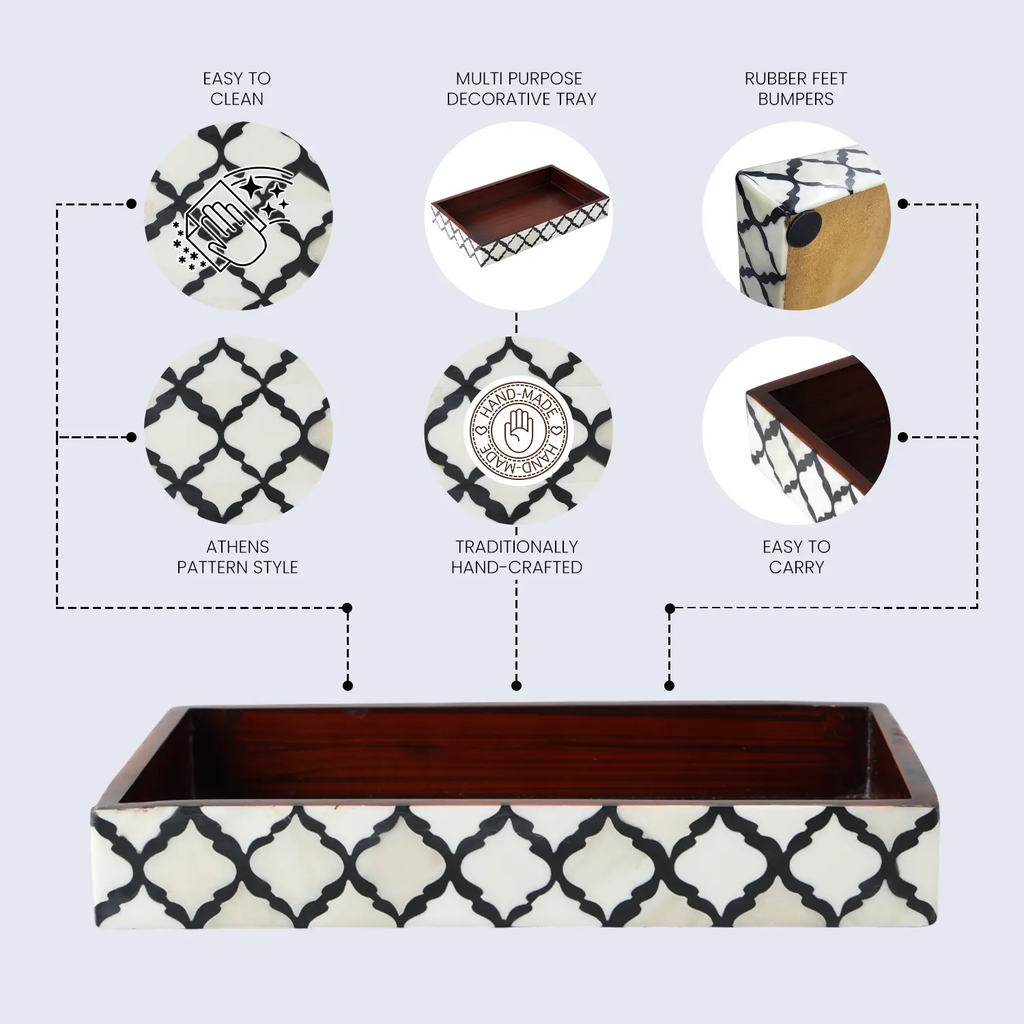 Vanity Trays Moroccan Pattern Bone & Resin inlay, Black & White, 10" x 6"