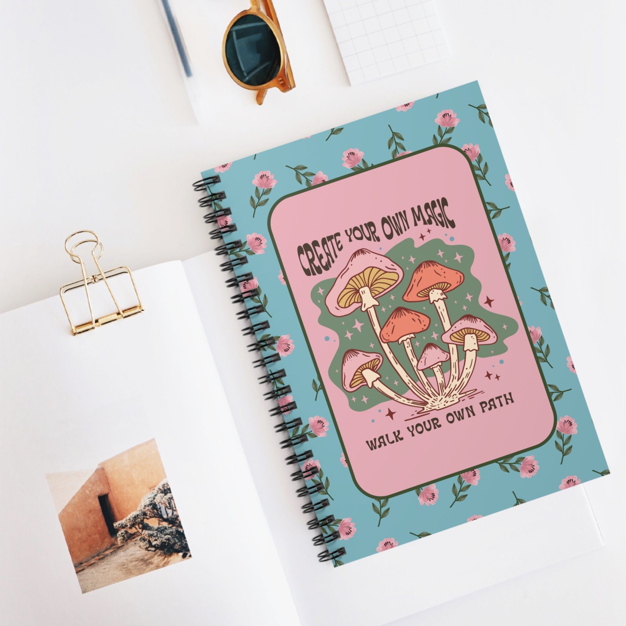 Retro Mushroom Notebook with Cottagecore Flowers: Create Your Own Magic | Cute Floral Spiral Notebook