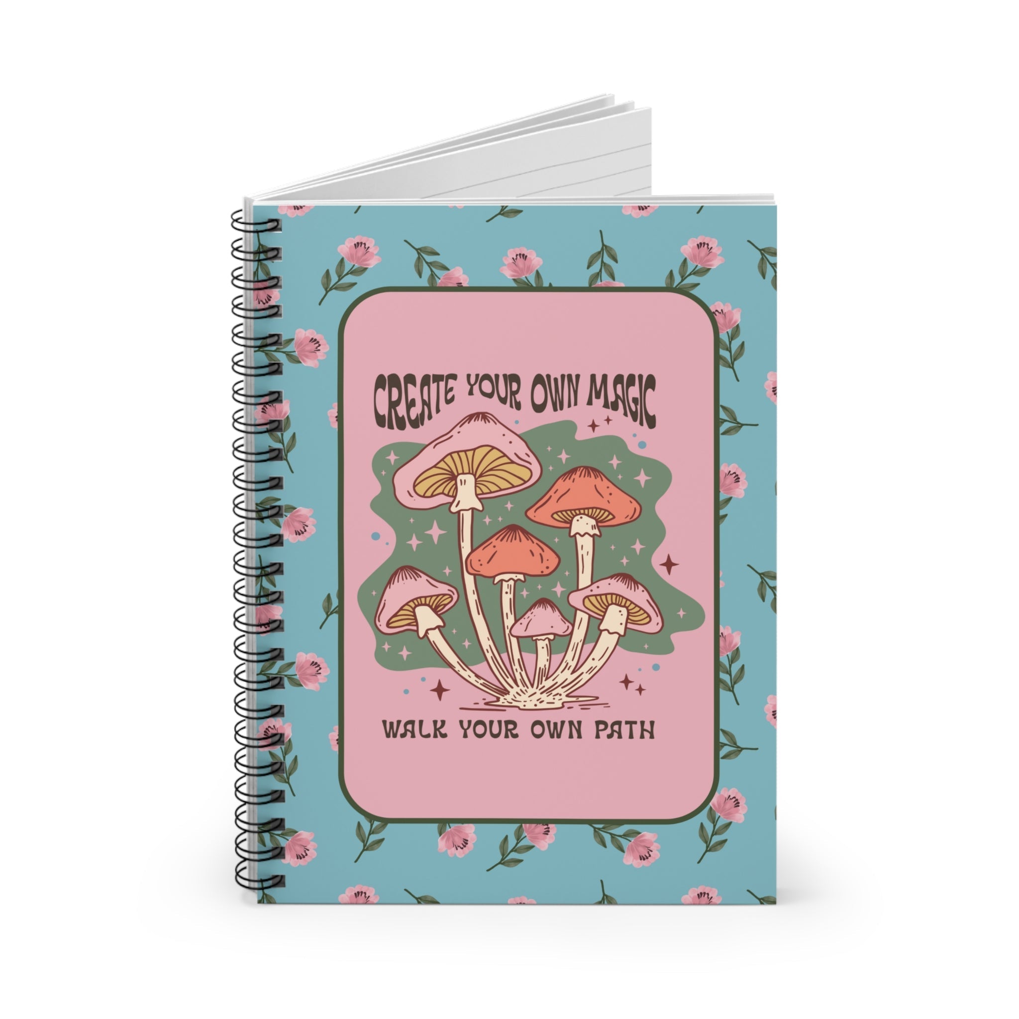 Retro Mushroom Notebook with Cottagecore Flowers: Create Your Own Magic | Cute Floral Spiral Notebook